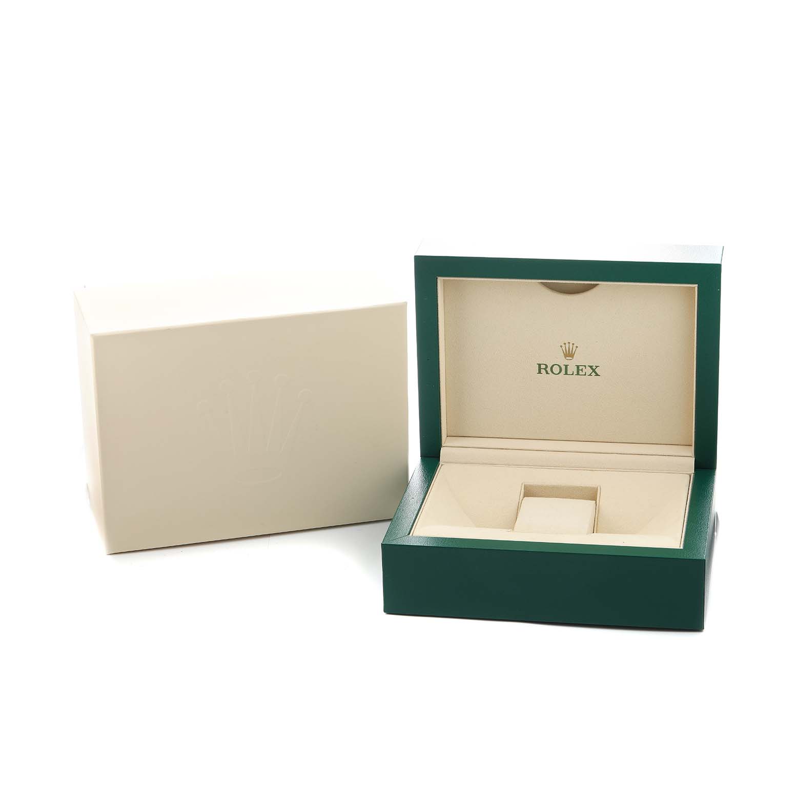 The image shows a green Rolex Submariner 116613 Men's Steel and Gold (two tone) Black Dial watch box and its beige outer cover from a side angle.
