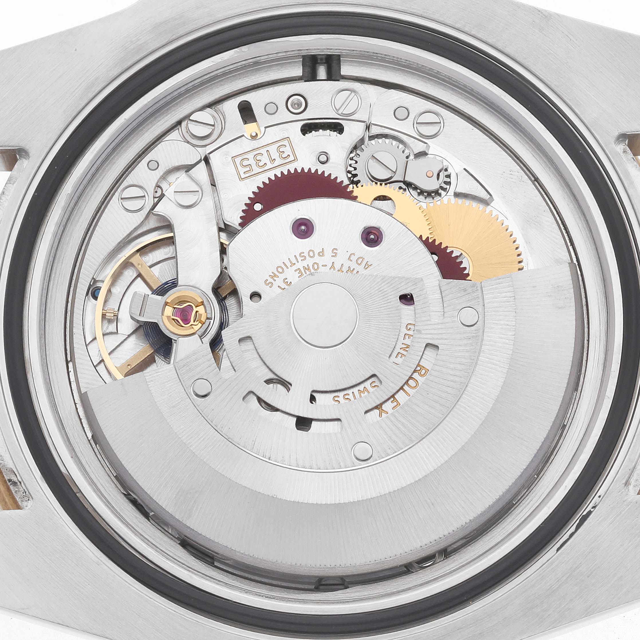 The image shows the internal movement of a Rolex Submariner 116613 Men's Steel and Gold (two tone) Black Dial, capturing gears and the rotor from the back.