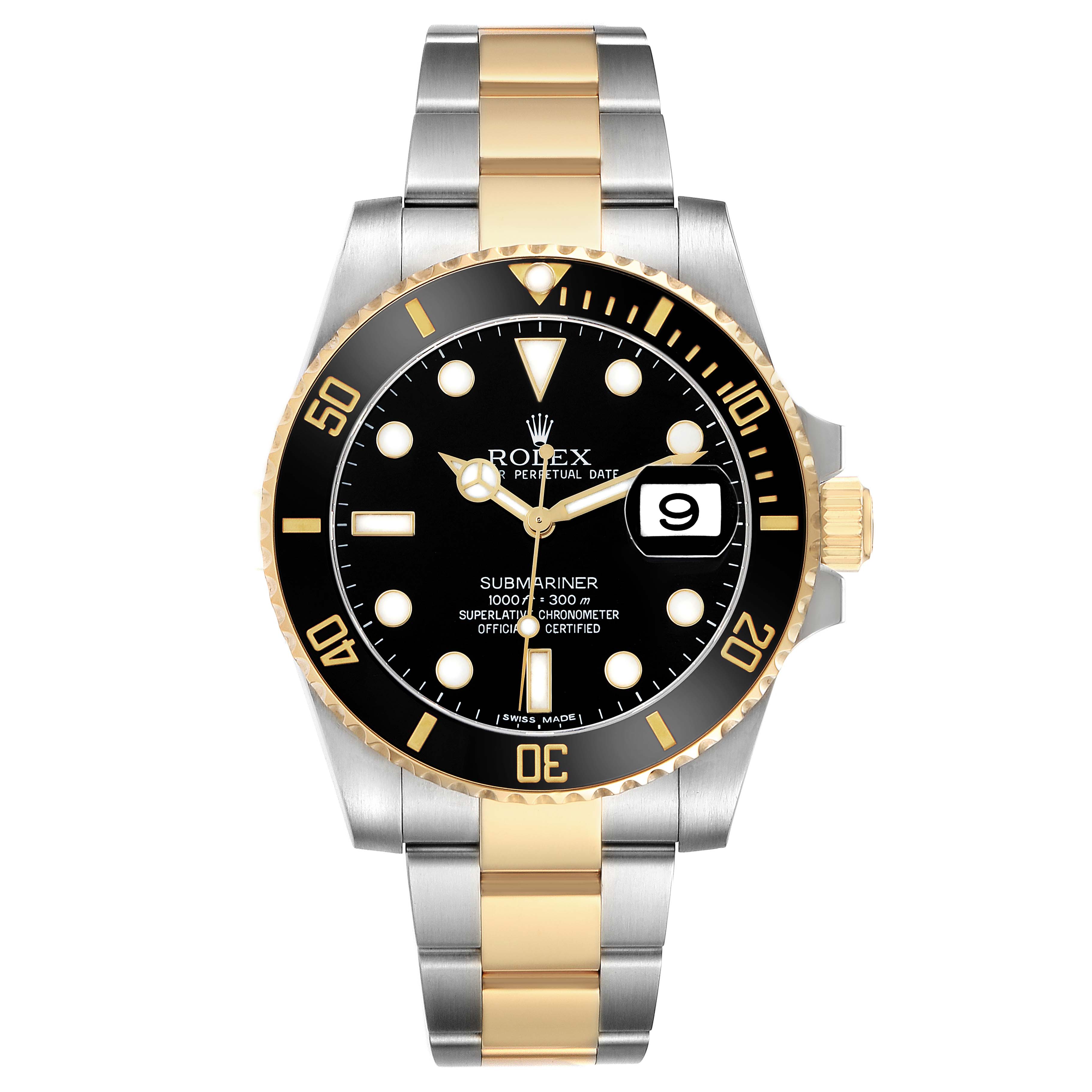 The Rolex Submariner 116613 Men's Steel and Gold (two tone) Black Dial watch is shown from a front angle, highlighting the bezel, dial, and two-tone bracelet.