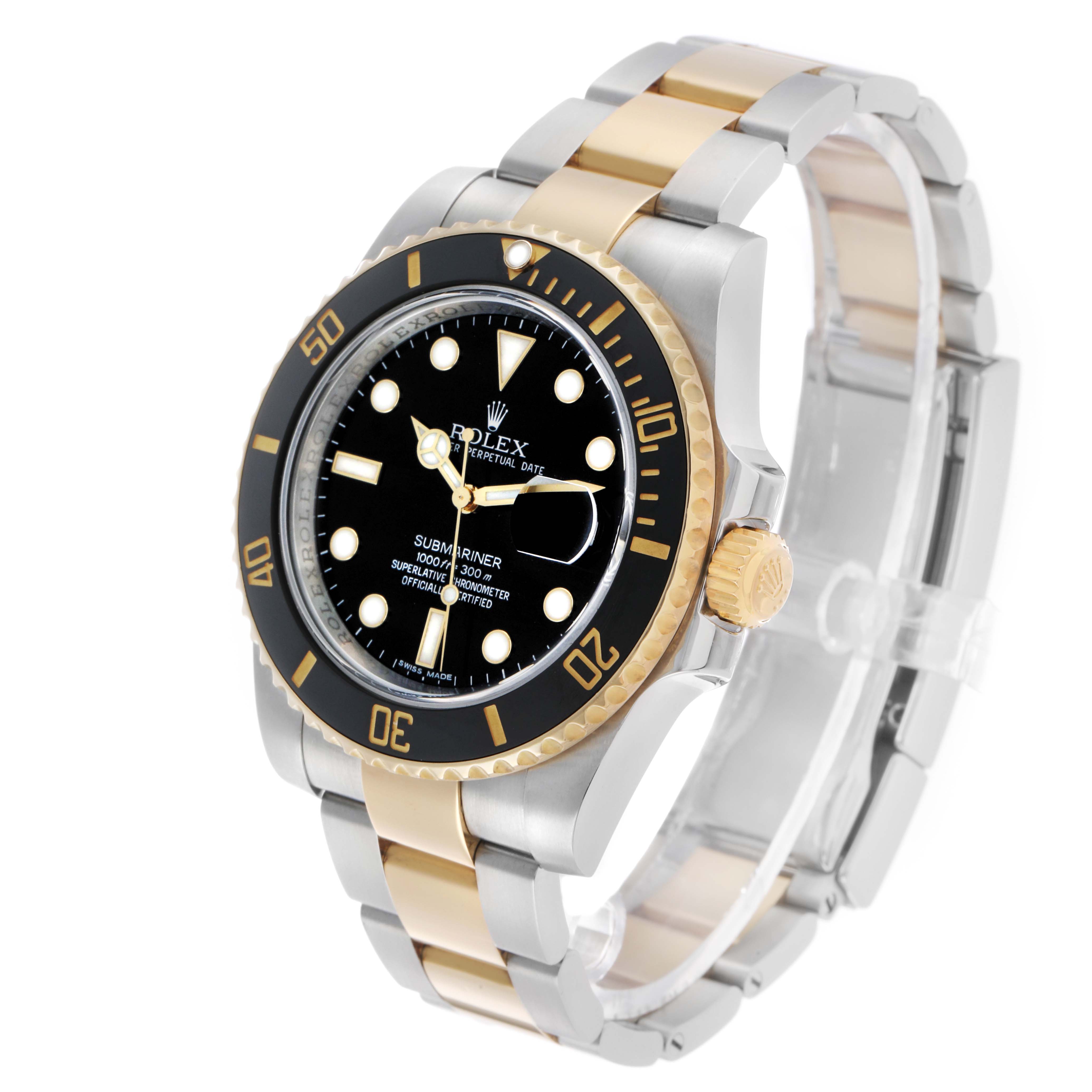 The Rolex Submariner 116613 Men's Steel and Gold (two tone) Black Dial is shown at a front-side angle, highlighting its black dial, gold bezel, and two-tone bracelet.