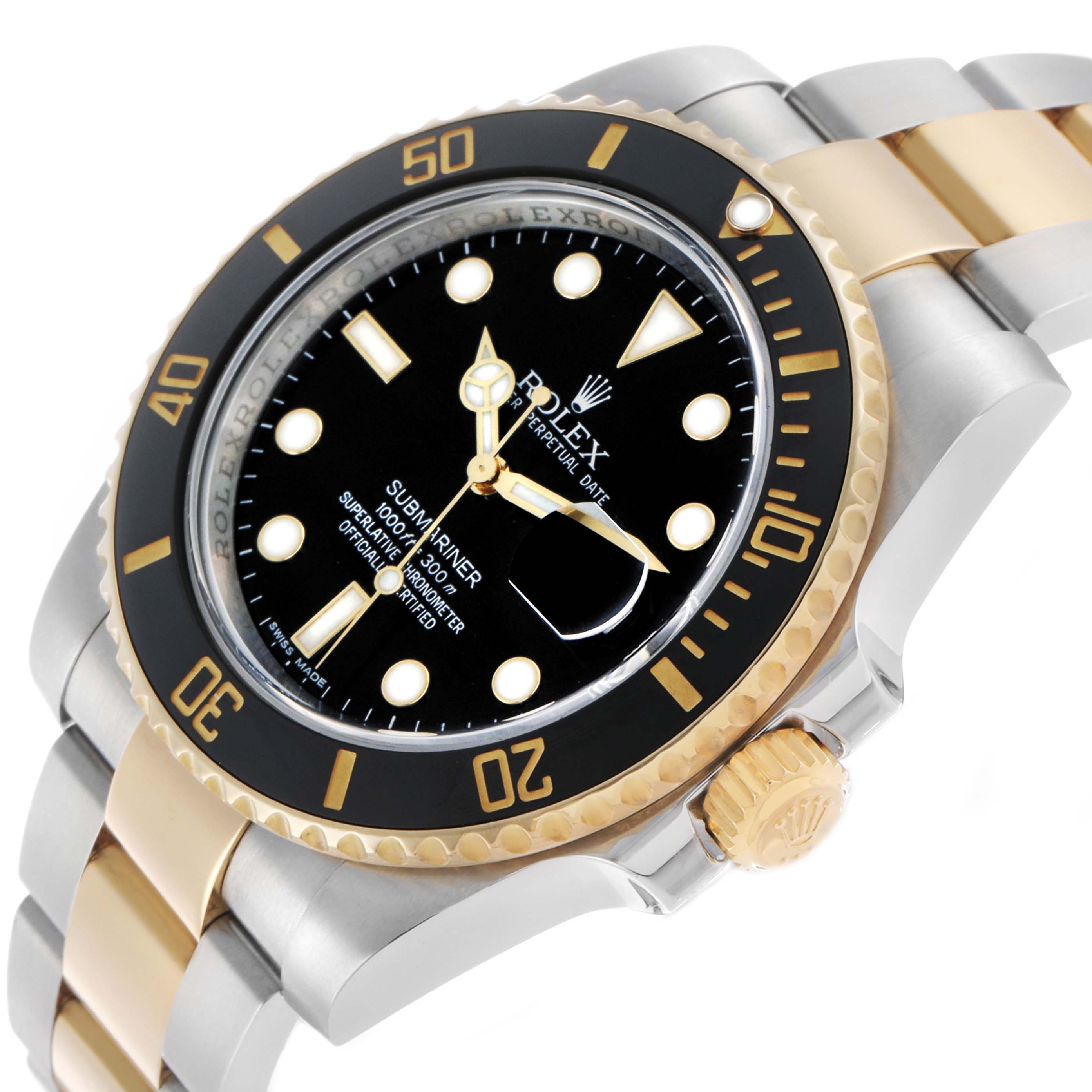 The Rolex Submariner 116613 Men's Steel and Gold (two tone) Black Dial watch is shown at a slight angle highlighting the bezel, dial, crown, and bracelet with a two-tone finish.