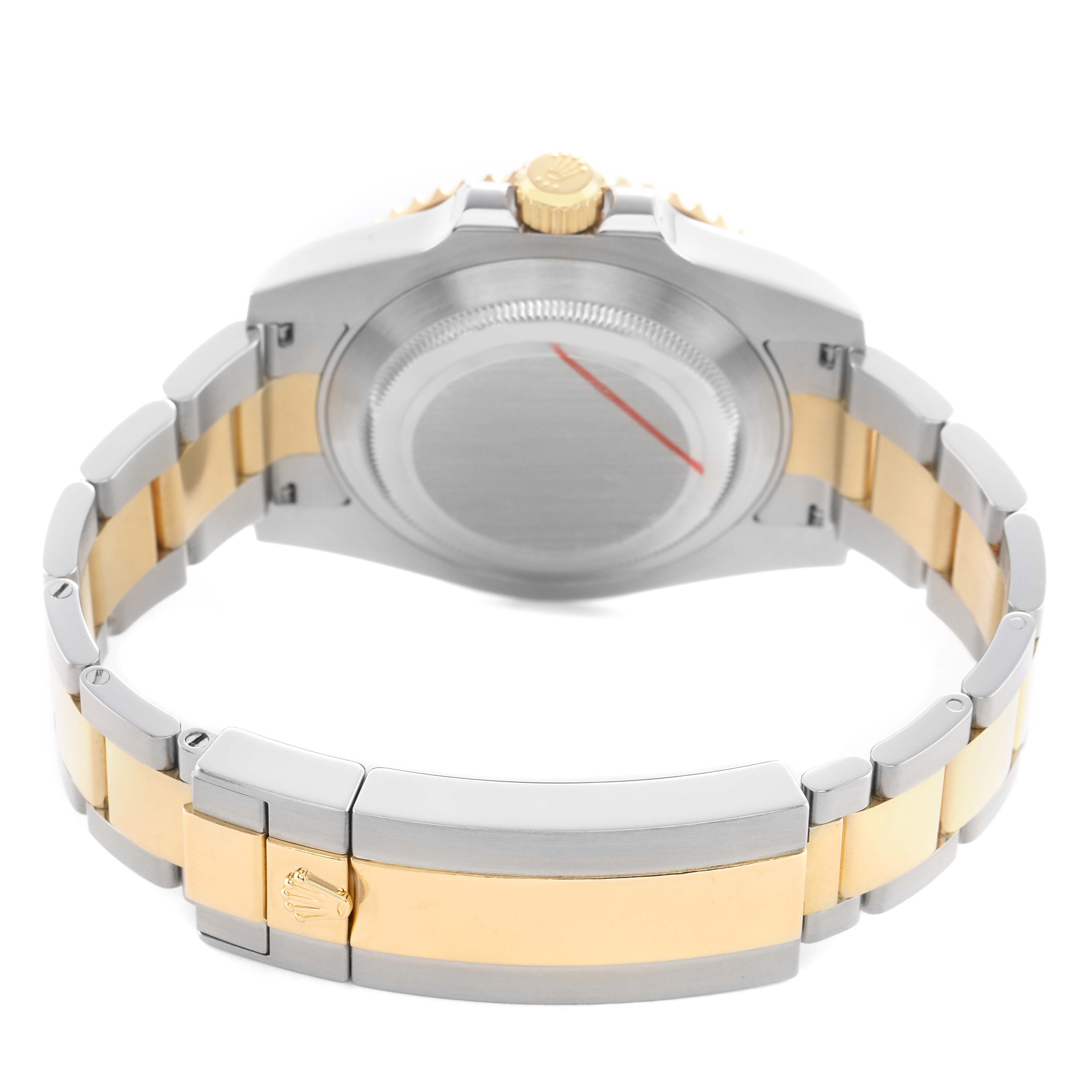 The image shows the back of a Rolex Submariner 116613 Men's Steel and Gold (two tone) Black Dial, highlighting the two-tone bracelet and case back from a rear angle.