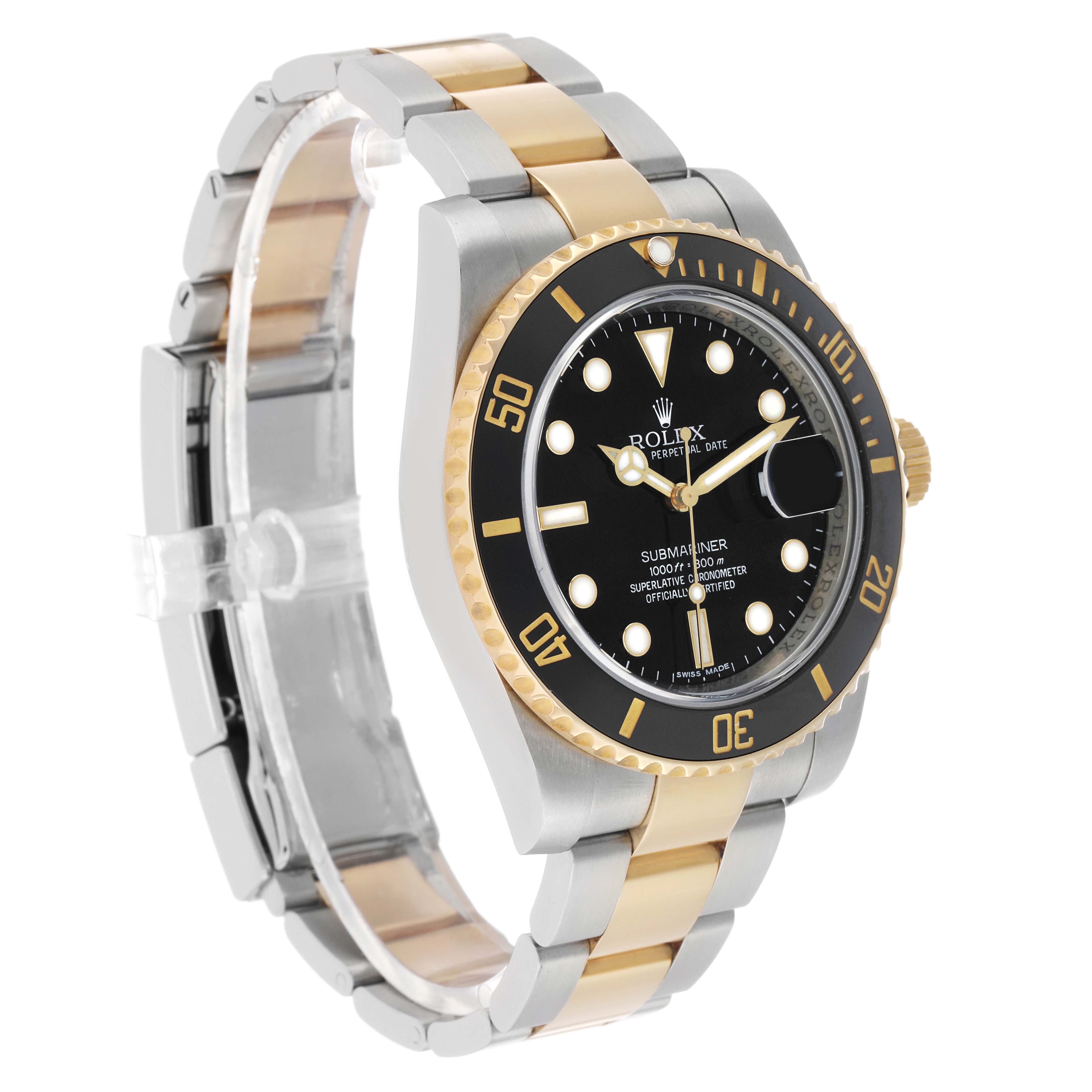 The Rolex Submariner 116613 Men's Steel and Gold (two tone) Black Dial watch is shown at a three-quarter angle, displaying the bezel, dial, hands, and two-tone bracelet.