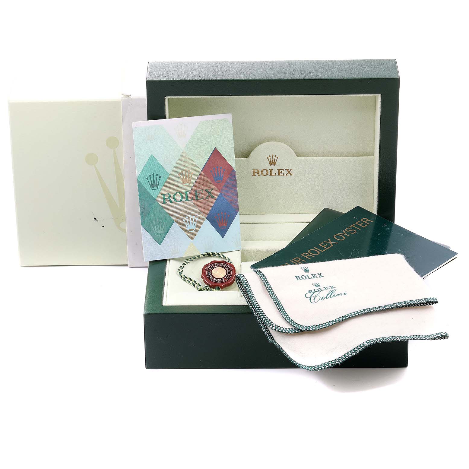 The image shows the packaging, booklets, tags, and cloths of a Rolex Yacht-Master 16623 Men
s Steel and Gold (two tone) Champagne Dial 16623 Men
s Steel and Gold (two tone) Champagne Dial watch.