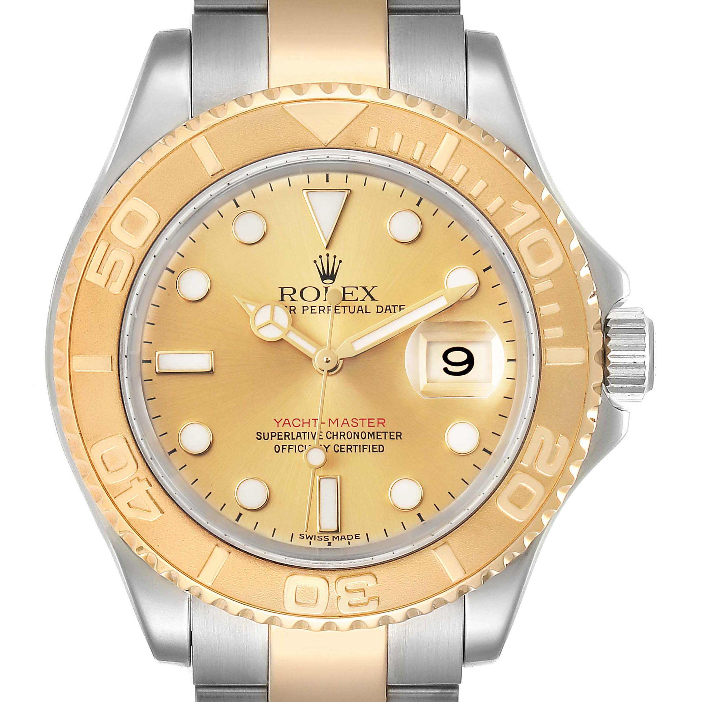 This image shows a front view of the Rolex Yacht-Master 16623 Men
s Steel and Gold (two tone) Champagne Dial 16623 Men
s Steel and Gold (two tone) Champagne Dial watch, highlighting its gold-tone bezel, dial, and date display.