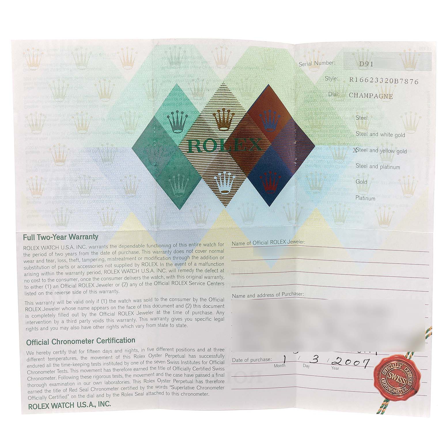 The image shows the warranty and certification document for an Oyster Perpetual Rolex Yacht-Master 16623 Men
s Steel and Gold (two tone) Champagne Dial 16623 Men
s Steel and Gold (two tone) Champagne Dial watch.