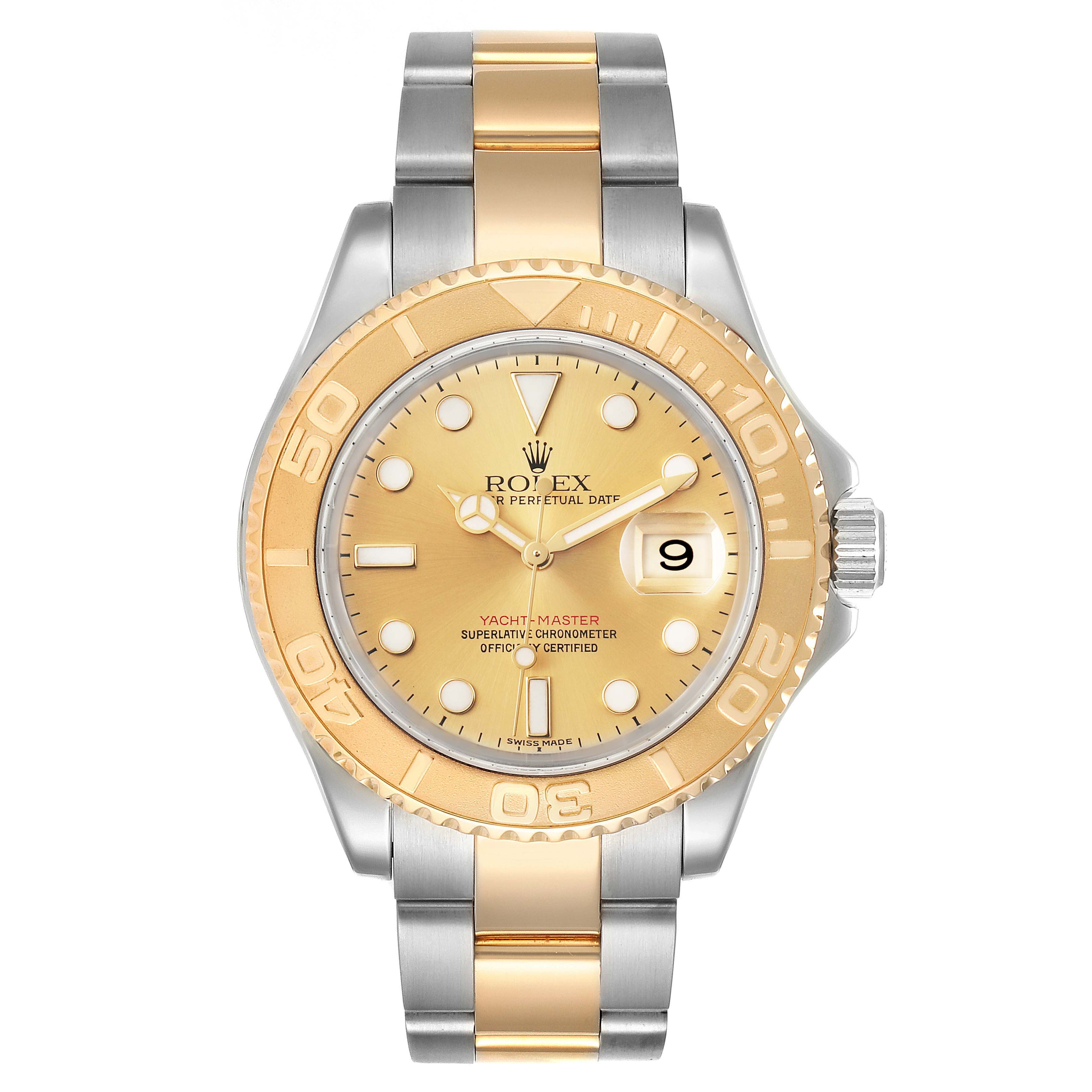 This Rolex Yacht-Master 16623 Men
s Steel and Gold (two tone) Champagne Dial 16623 Men
s Steel and Gold (two tone) Champagne Dial watch is shown from the front, displaying the dial, bezel, and bracelet.