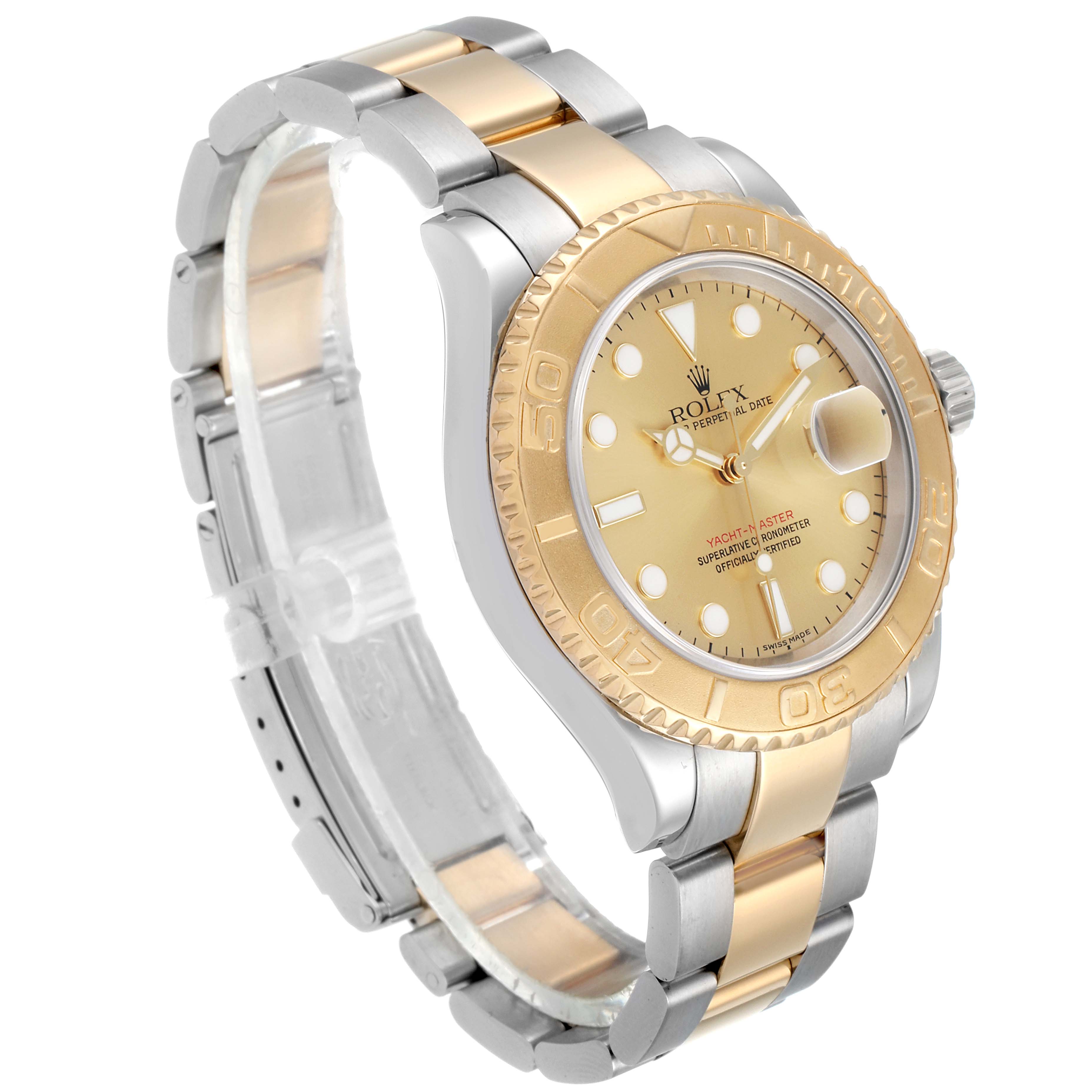 This image shows a side angle of the Rolex Yacht-Master 16623 Men
s Steel and Gold (two tone) Champagne Dial 16623 Men
s Steel and Gold (two tone) Champagne Dial watch, highlighting the dial, bezel, and two-tone bracelet.