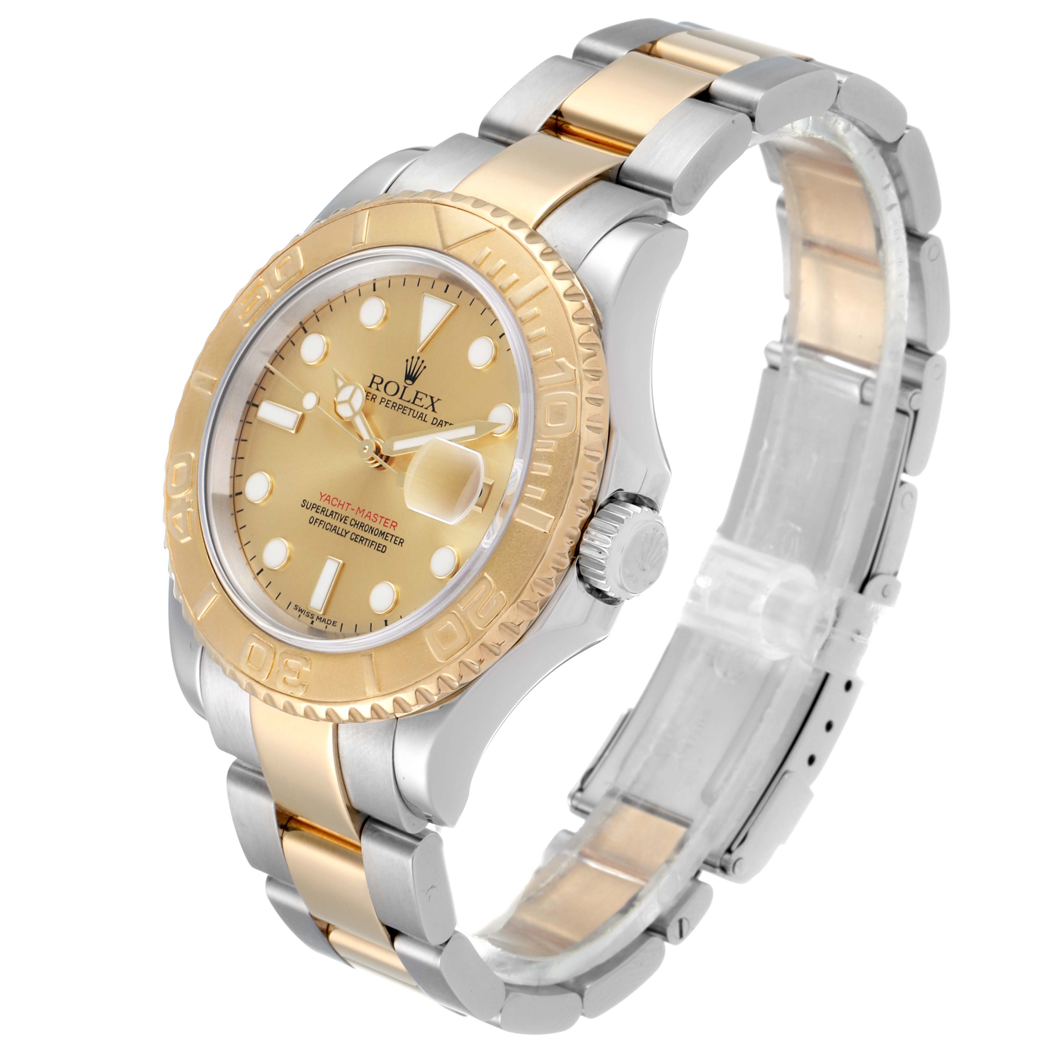 The Rolex Yacht-Master 16623 Men
s Steel and Gold (two tone) Champagne Dial 16623 Men
s Steel and Gold (two tone) Champagne Dial watch is shown at an angle highlighting the gold bezel, champagne dial, and two-tone bracelet.