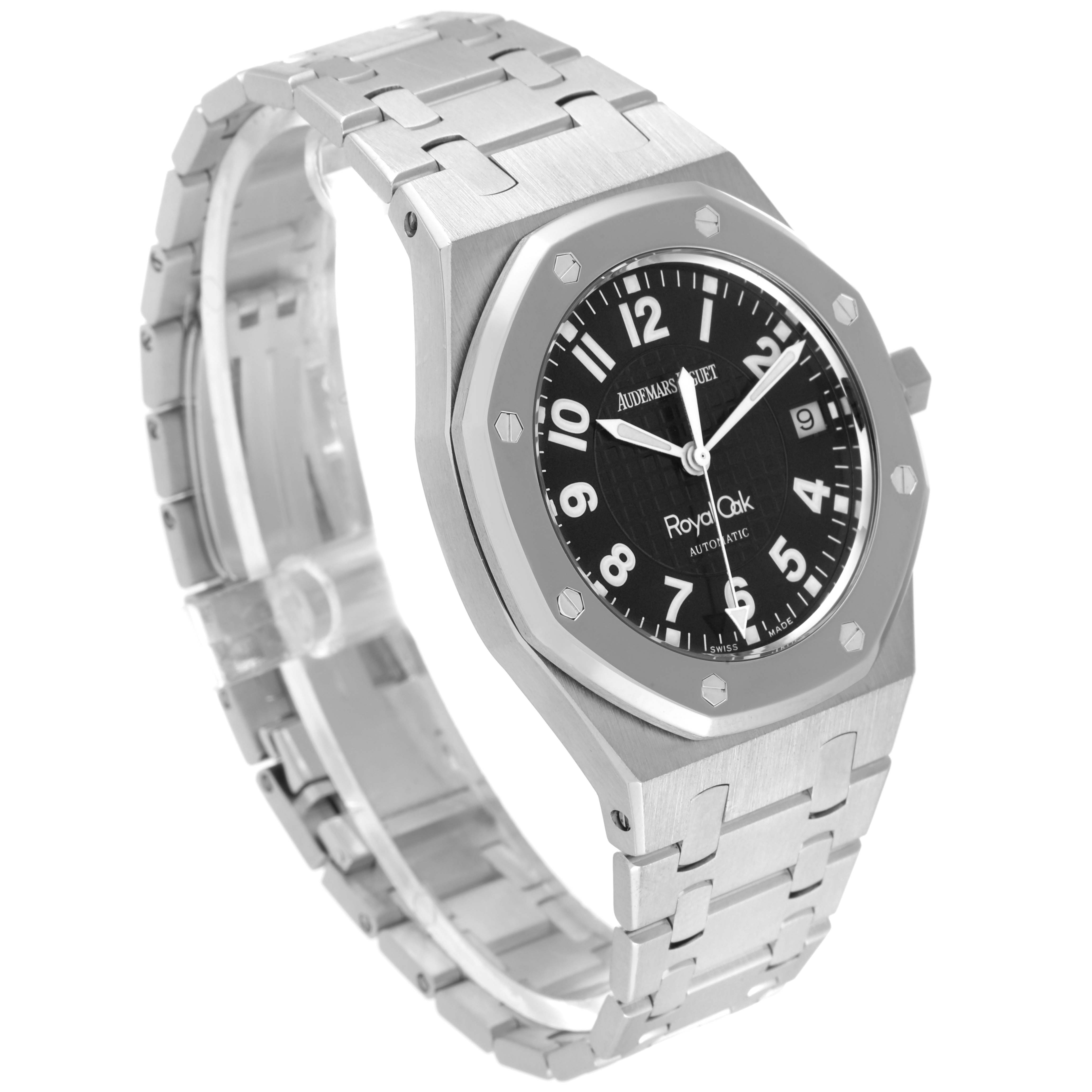 The image shows a side-angle view of the Audemars Piguet Royal Oak 15190SP Men's Stainless Steel Black Dial 15190SP Men's Stainless Steel Black Dial watch, featuring its stainless steel bracelet and black dial.