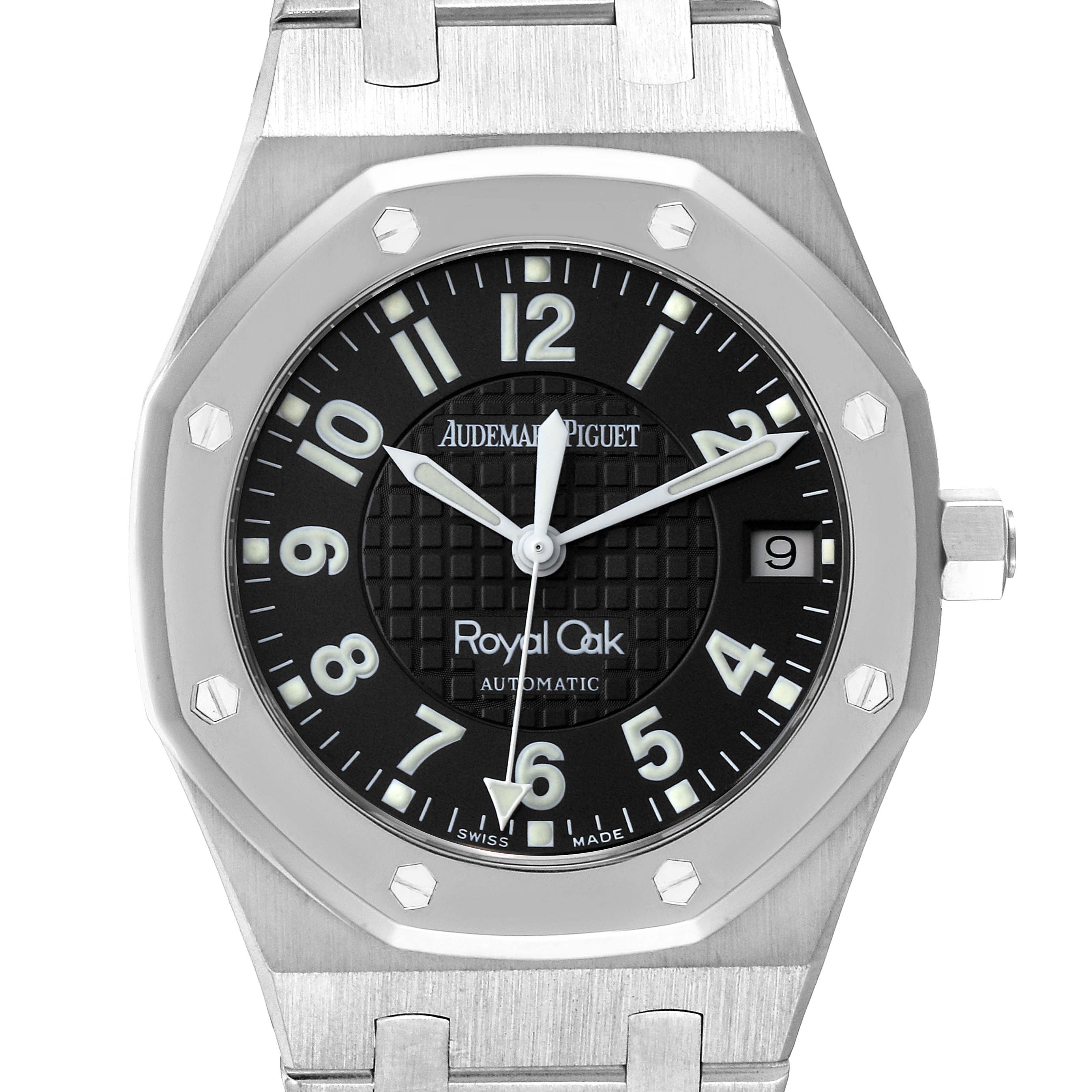 This image shows a front view of an Audemars Piguet Royal Oak 15190SP Men's Stainless Steel Black Dial 15190SP Men's Stainless Steel Black Dial watch, displaying its dial, hands, bezel, and part of the bracelet.