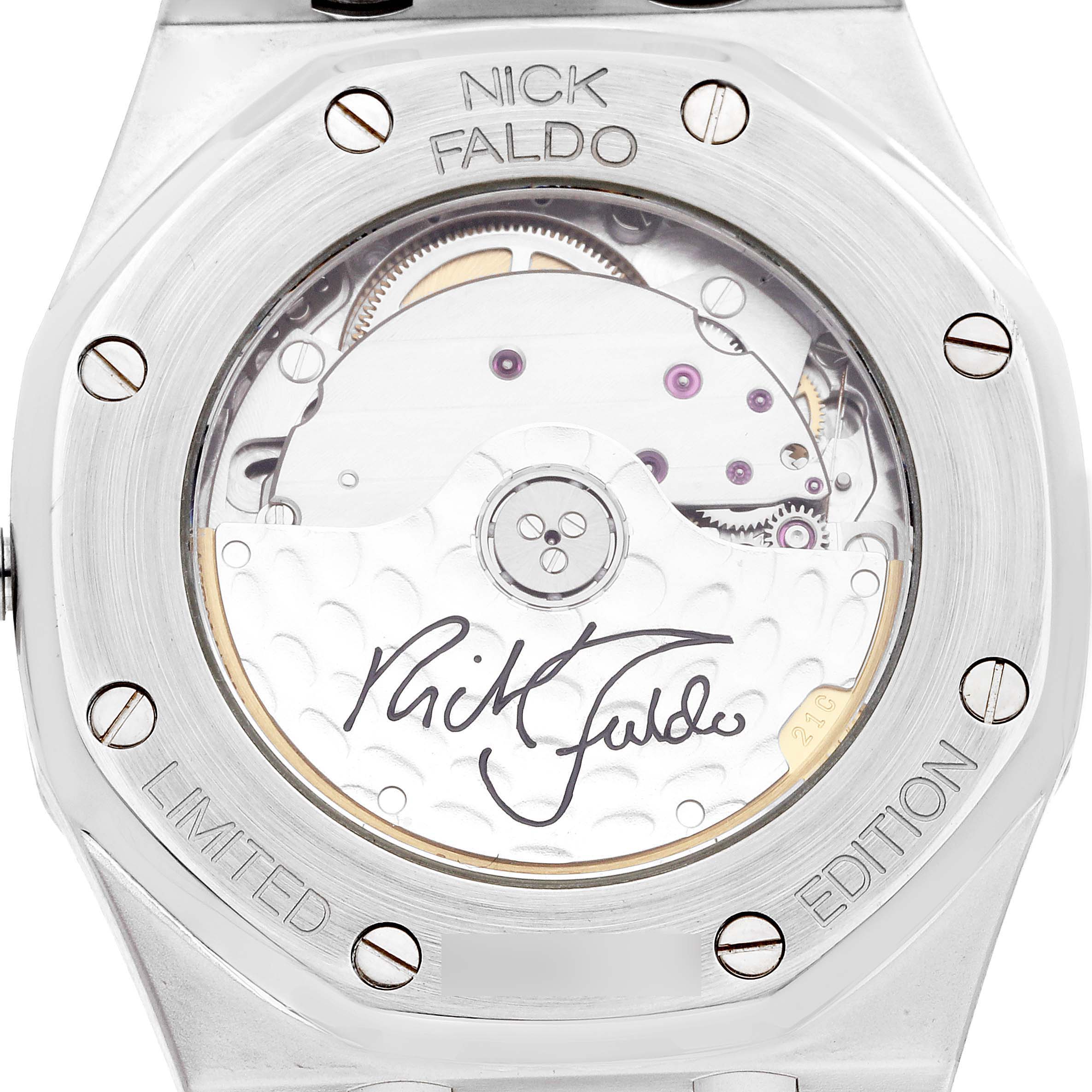 The image shows the back of an Audemars Piguet Royal Oak 15190SP Men's Stainless Steel Black Dial 15190SP Men's Stainless Steel Black Dial watch, revealing the inner mechanism and limited edition engraving.