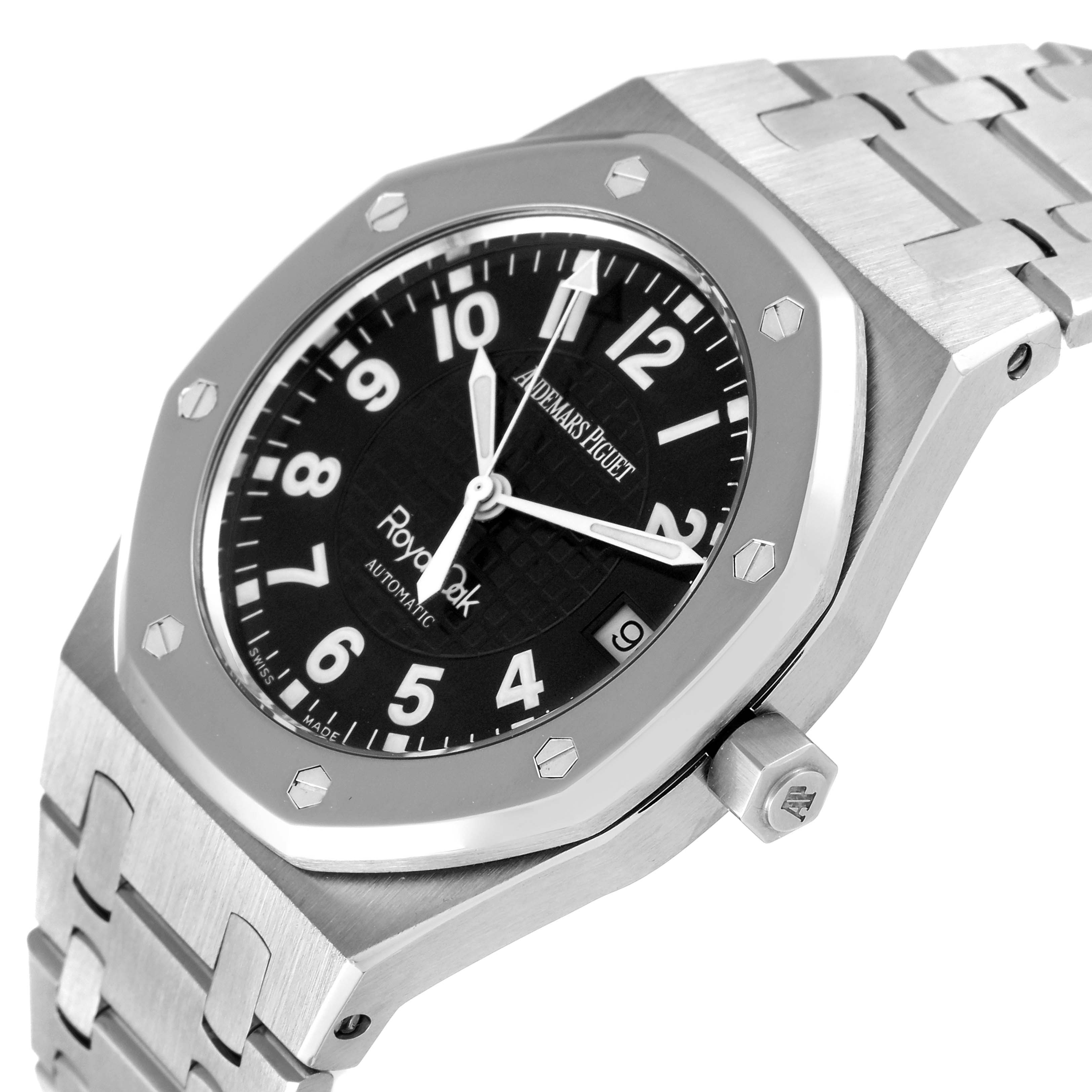 This image shows a side angle of the Audemars Piguet Royal Oak 15190SP Men's Stainless Steel Black Dial 15190SP Men's Stainless Steel Black Dial watch, highlighting its black dial, bezel, and stainless steel bracelet.