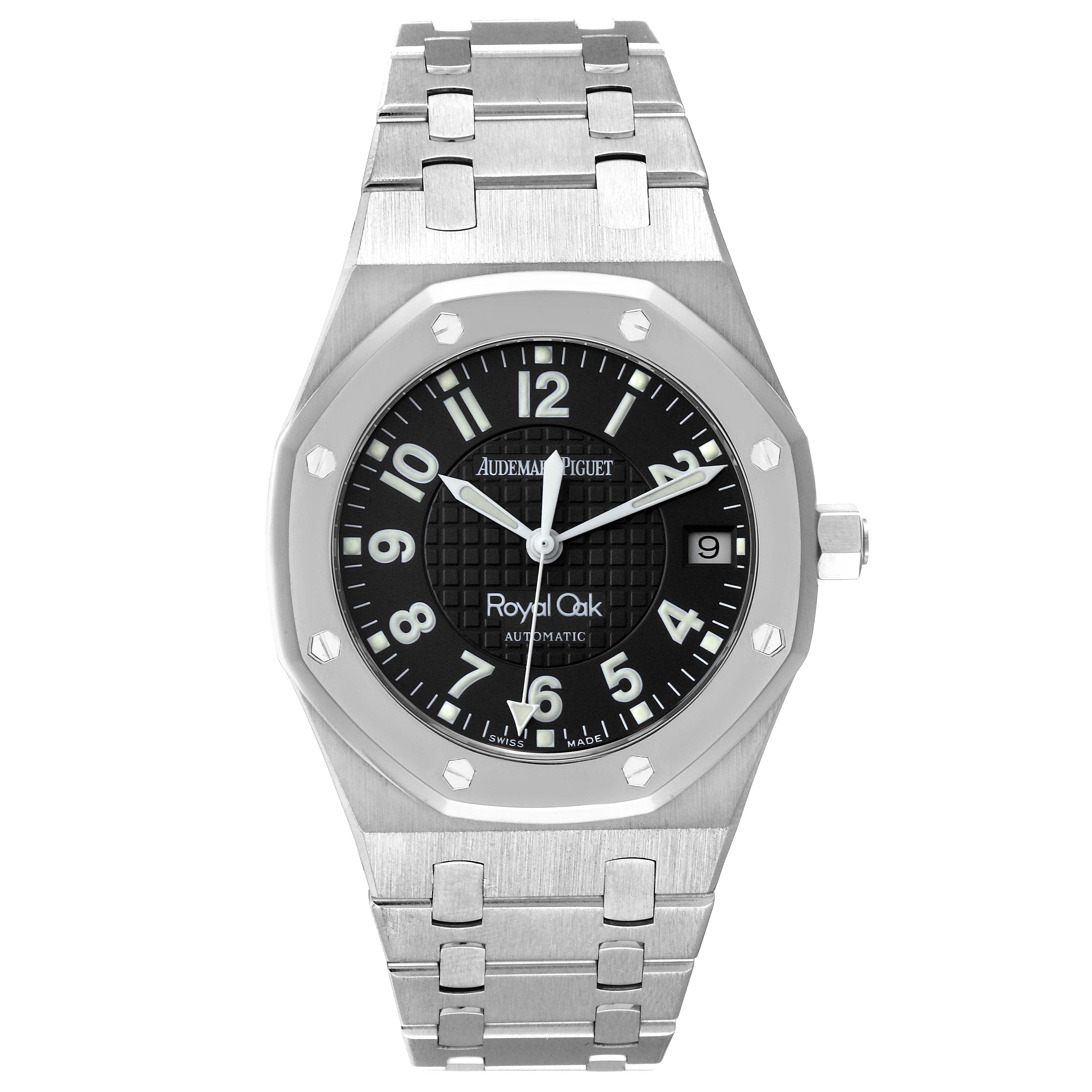 The image shows a front view of the Audemars Piguet Royal Oak 15190SP Men's Stainless Steel Black Dial 15190SP Men's Stainless Steel Black Dial watch, highlighting its face, bezel, and bracelet.
