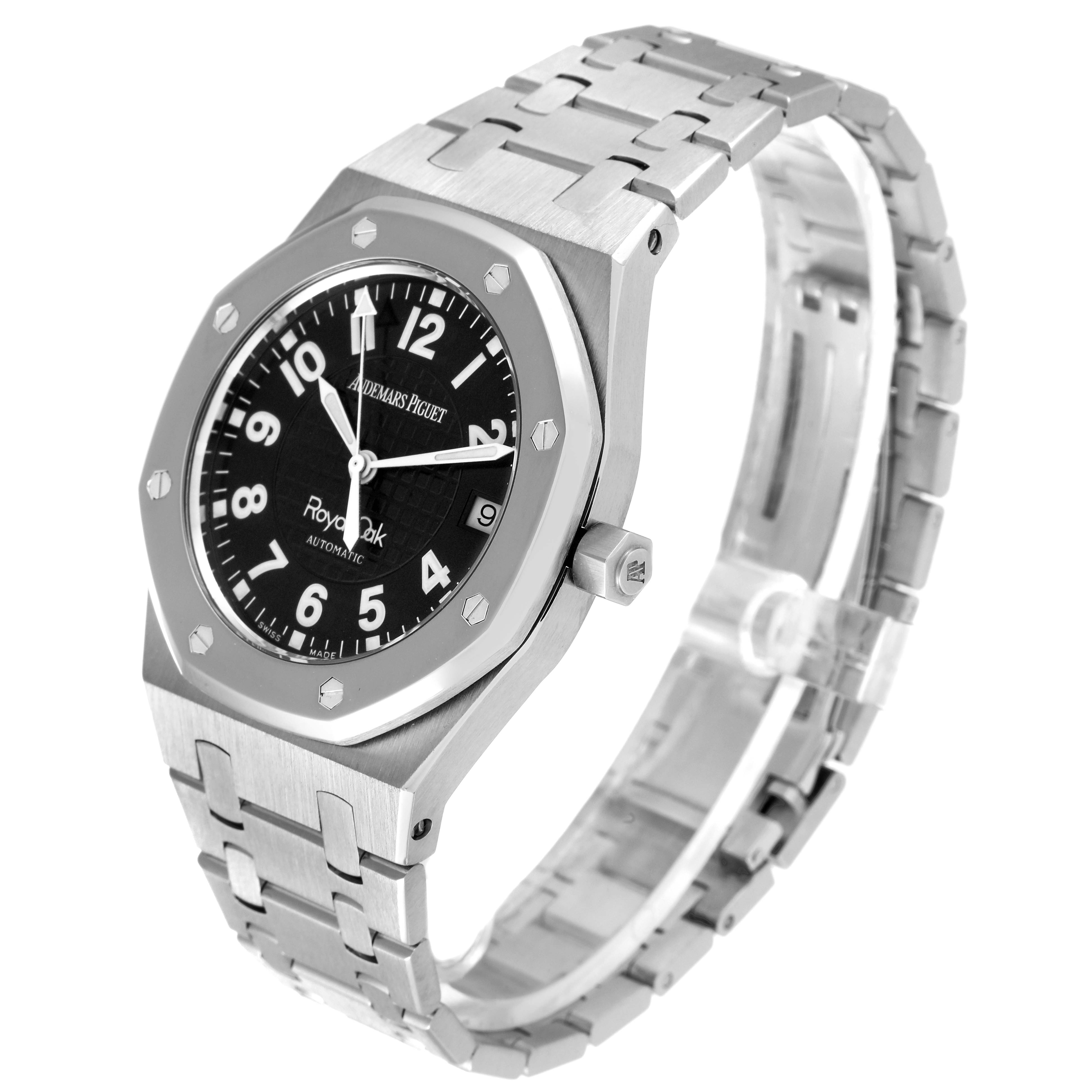 This image shows a side angle of an Audemars Piguet Royal Oak 15190SP Men's Stainless Steel Black Dial 15190SP Men's Stainless Steel Black Dial watch, displaying its face, bezel, crown, and integrated metal bracelet.
