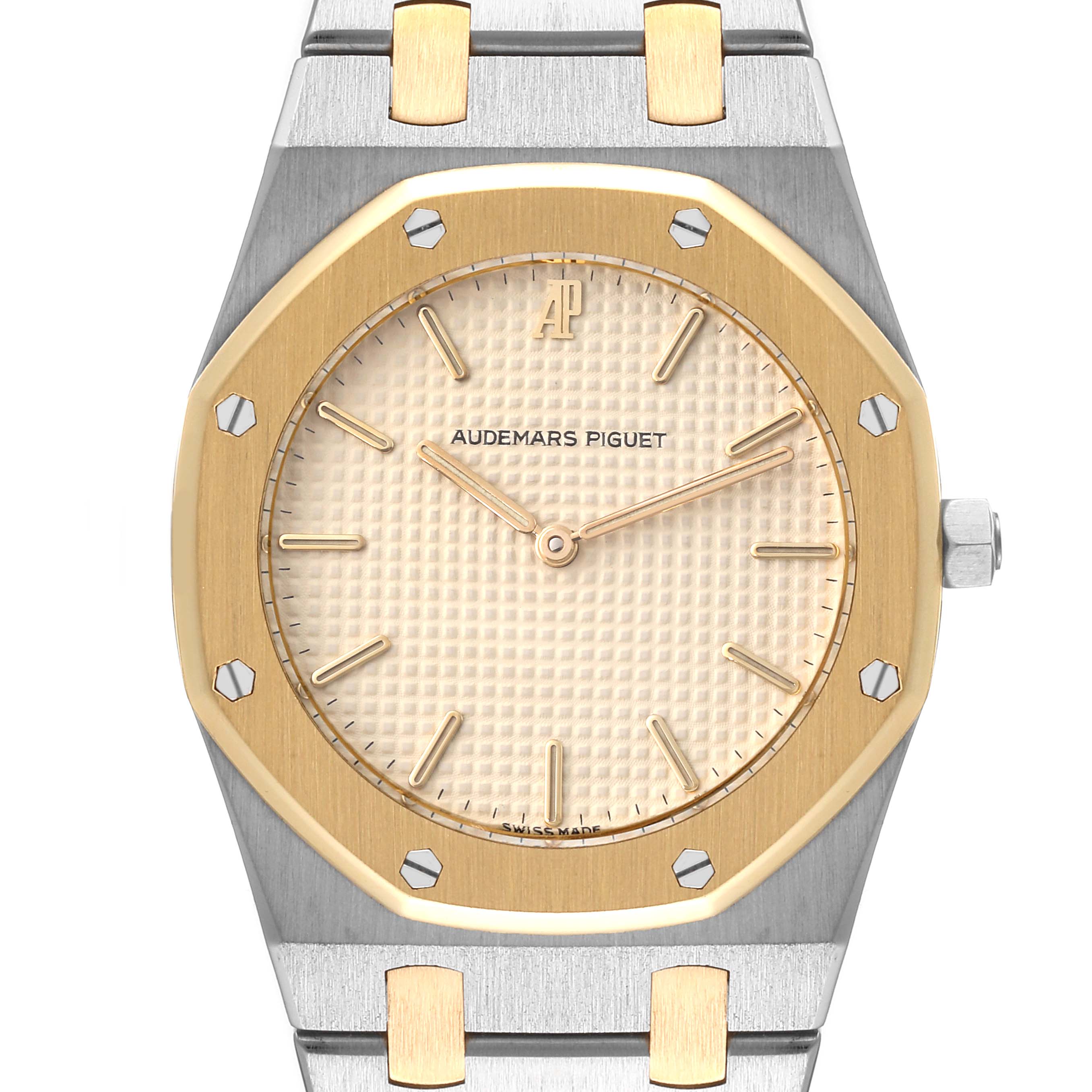 The image shows a front view of an Audemars Piguet Royal Oak 56303SA Men's Steel and Gold (two tone) Beige Dial 56303SA Men's Steel and Gold (two tone) Beige Dial watch, highlighting its octagonal bezel and bracelet.