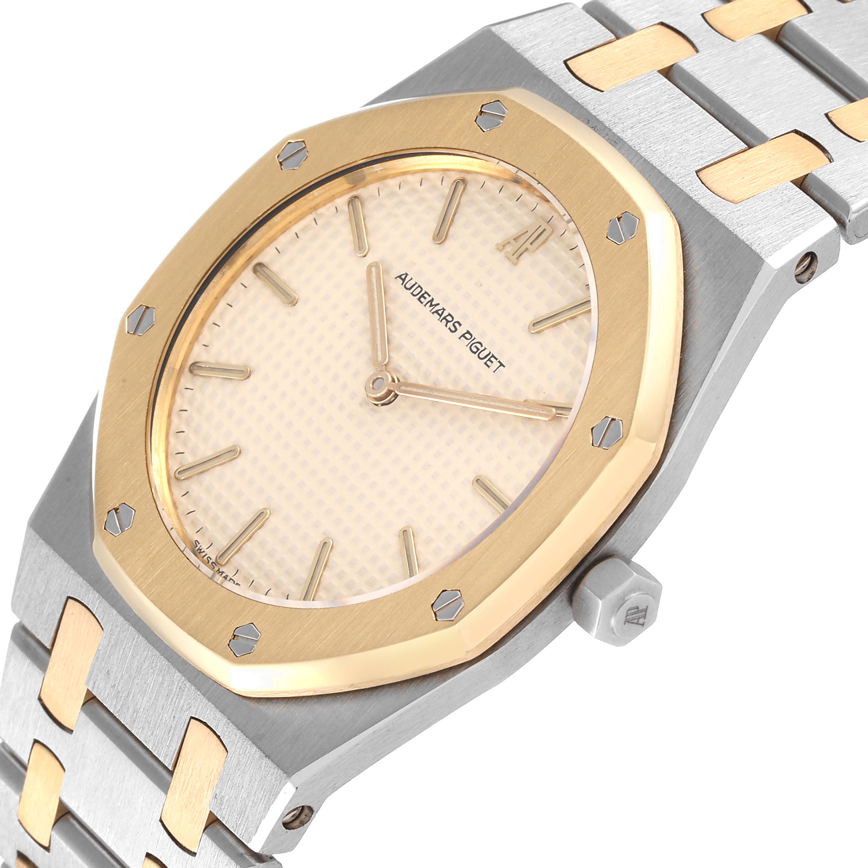 The image shows a close-up of an Audemars Piguet Royal Oak 56303SA Men's Steel and Gold (two tone) Beige Dial 56303SA Men's Steel and Gold (two tone) Beige Dial watch, highlighting its dial, bezel, and part of the bracelet.