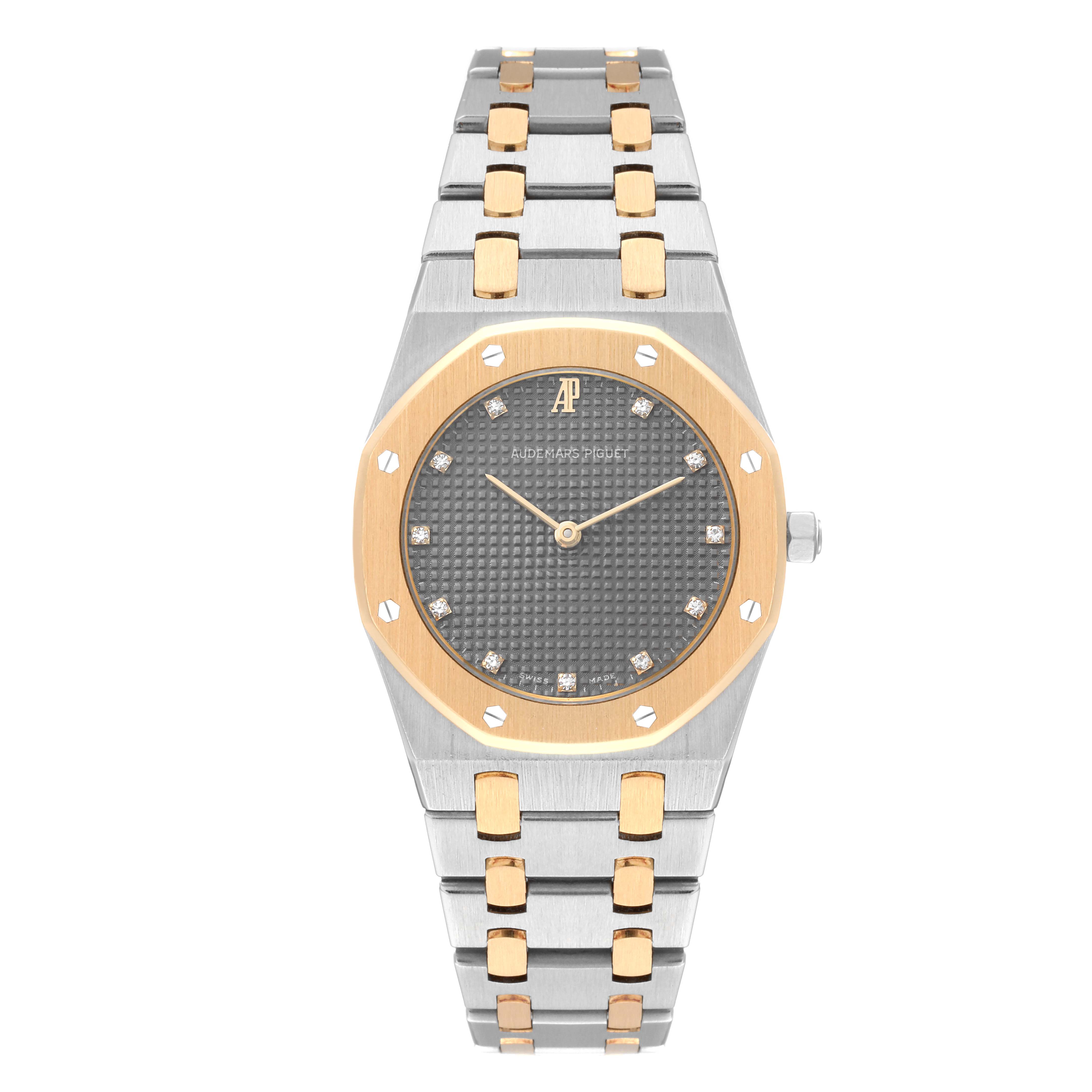 The image shows a front view of an Audemars Piguet Royal Oak 56303SA Men's Steel and Gold (two tone) Grey Dial 56303SA Men's Steel and Gold (two tone) Grey Dial watch, displaying the face, bezel, and bracelet.
