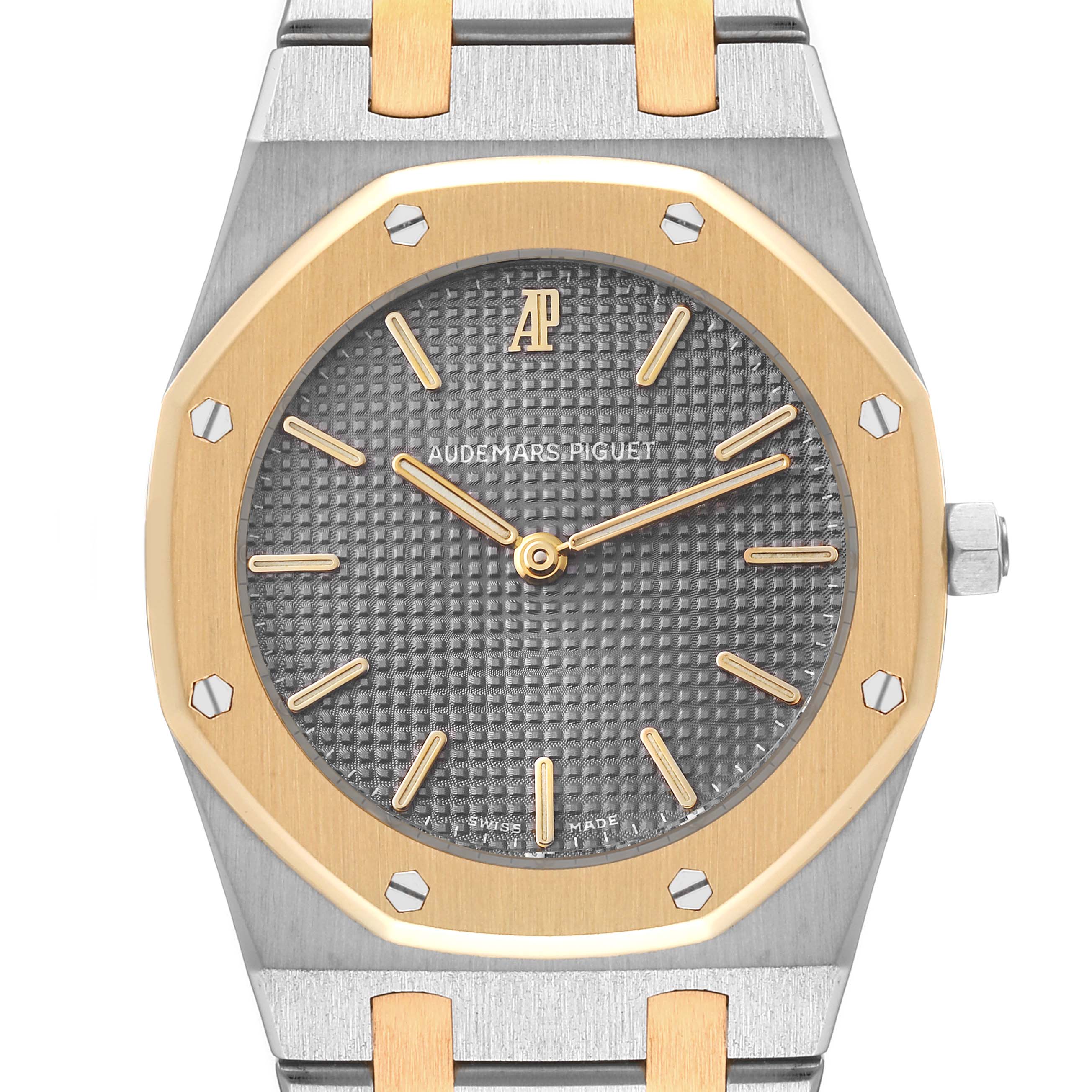 The image shows a frontal view of the Audemars Piguet Royal Oak 56303SA Men's Steel and Gold (two tone) Grey Dial 56303SA Men's Steel and Gold (two tone) Grey Dial watch, highlighting its octagonal bezel, dial, and part of the bracelet.
