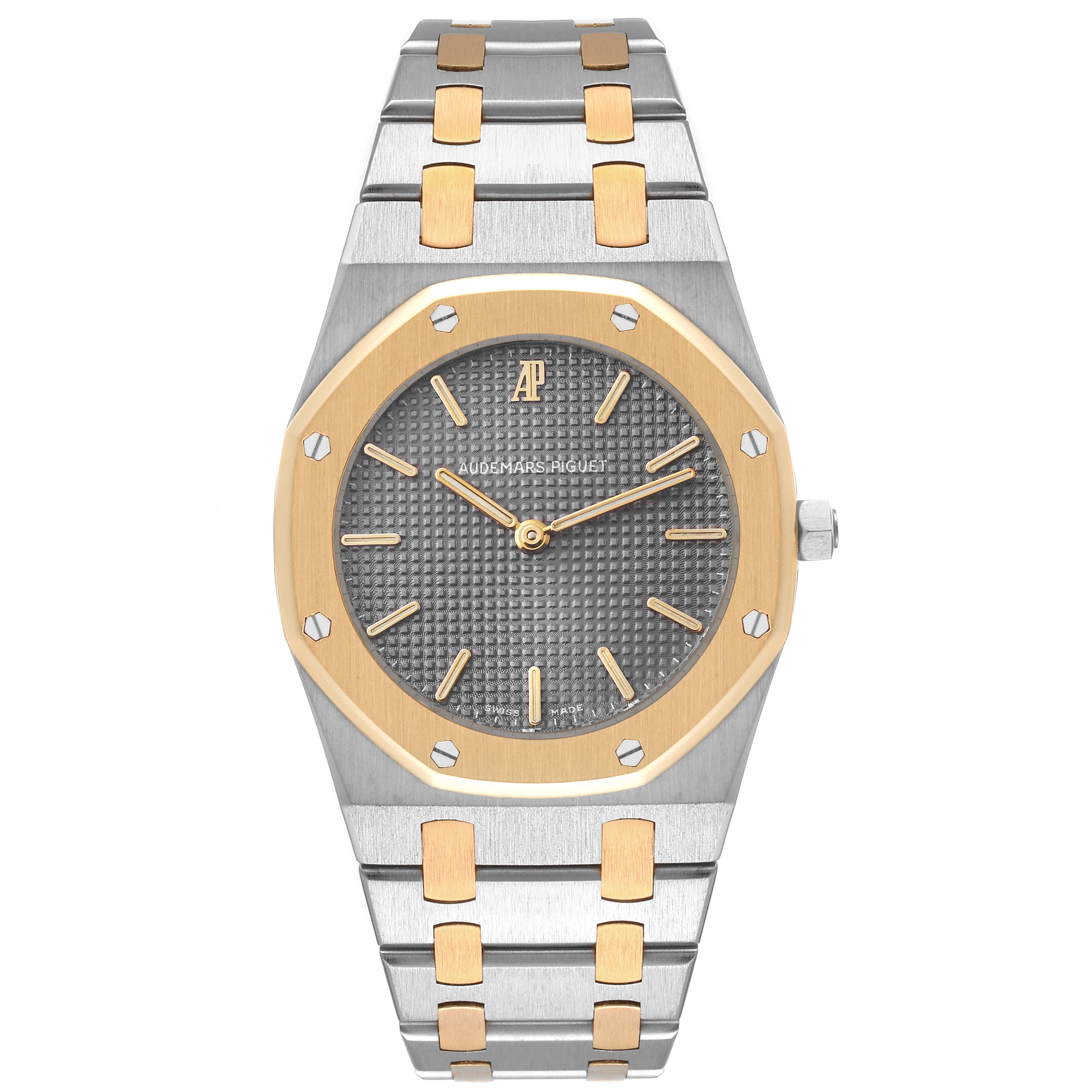 This image shows a front view of the Audemars Piguet Royal Oak 56303SA Men's Steel and Gold (two tone) Grey Dial 56303SA Men's Steel and Gold (two tone) Grey Dial watch, highlighting its dial, bezel, and bracelet.