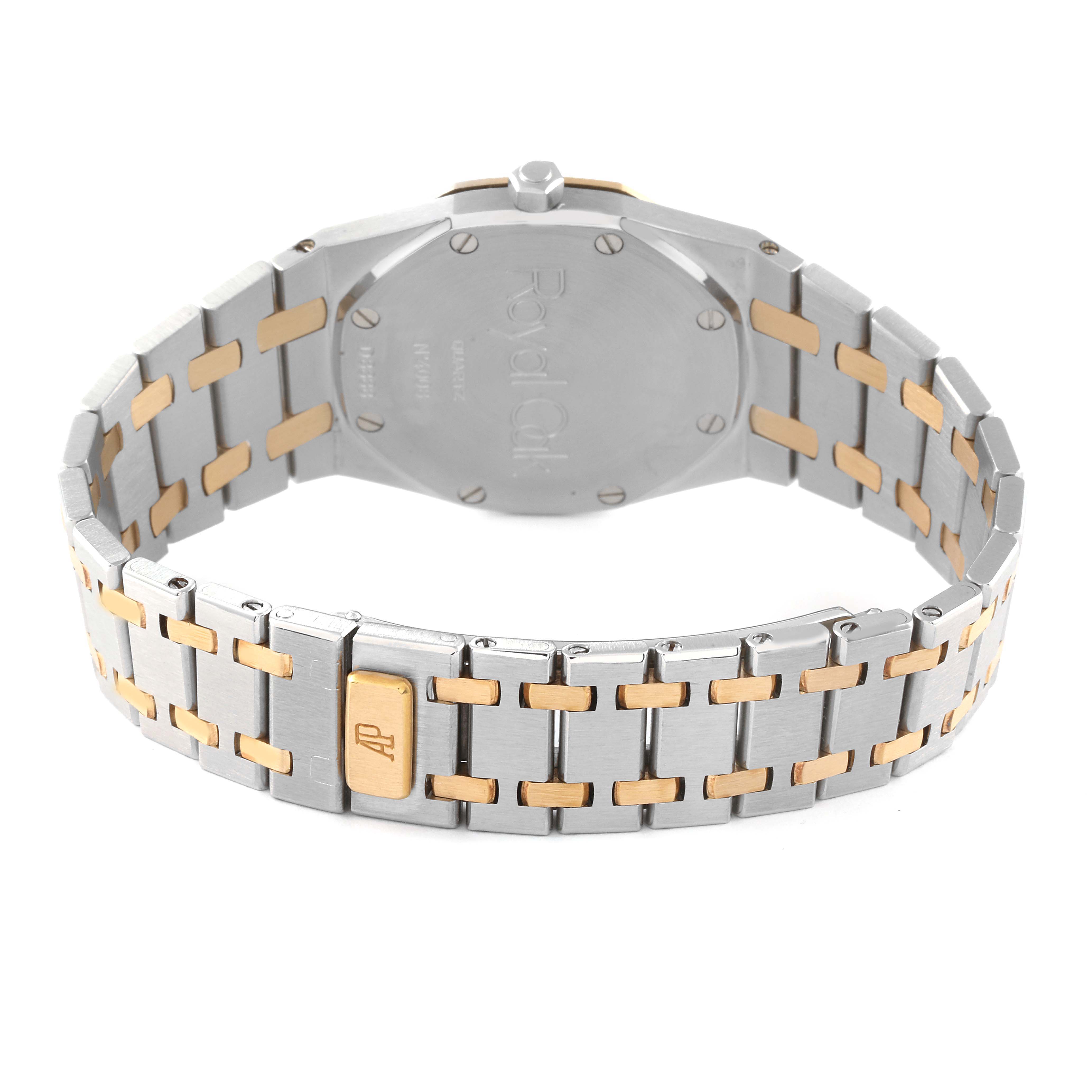 The image shows the back view of an Audemars Piguet Royal Oak 56303SA Men's Steel and Gold (two tone) Grey Dial 56303SA Men's Steel and Gold (two tone) Grey Dial watch, highlighting its bracelet and case back.