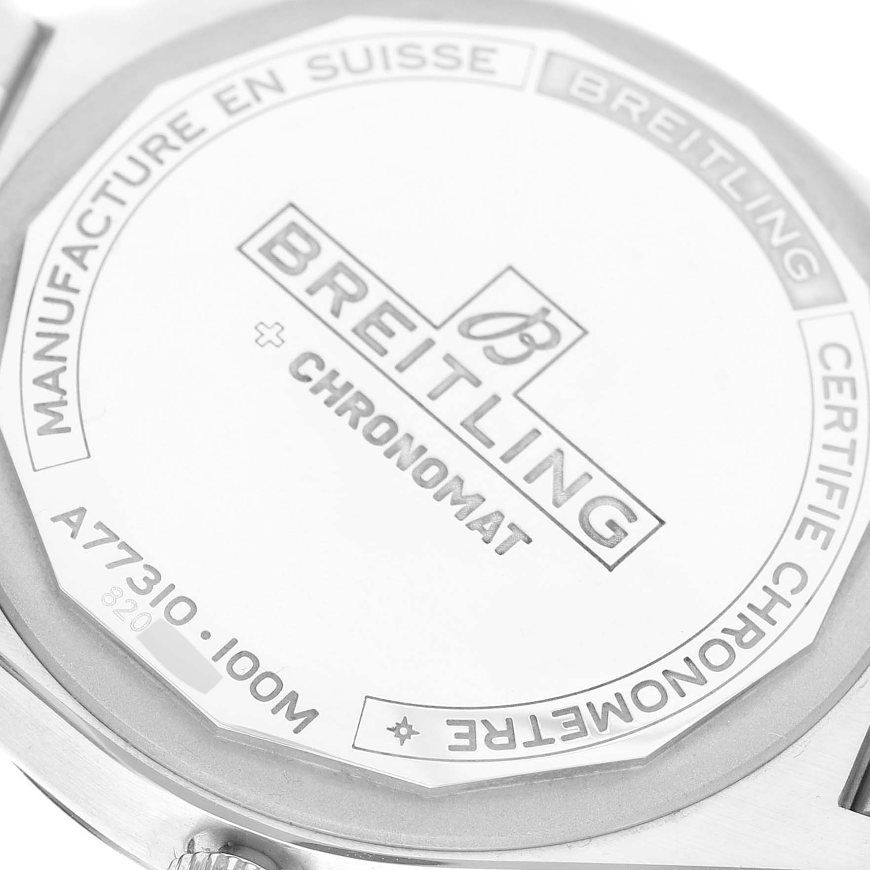 The image shows the back case of the Breitling A77310101L1A1 Women's Stainless Steel Green Dial A77310101L1A1 Women's Stainless Steel Green Dial Chronomat 32 Mint Green Diamond Dial Steel Ladies Watch model A77310.