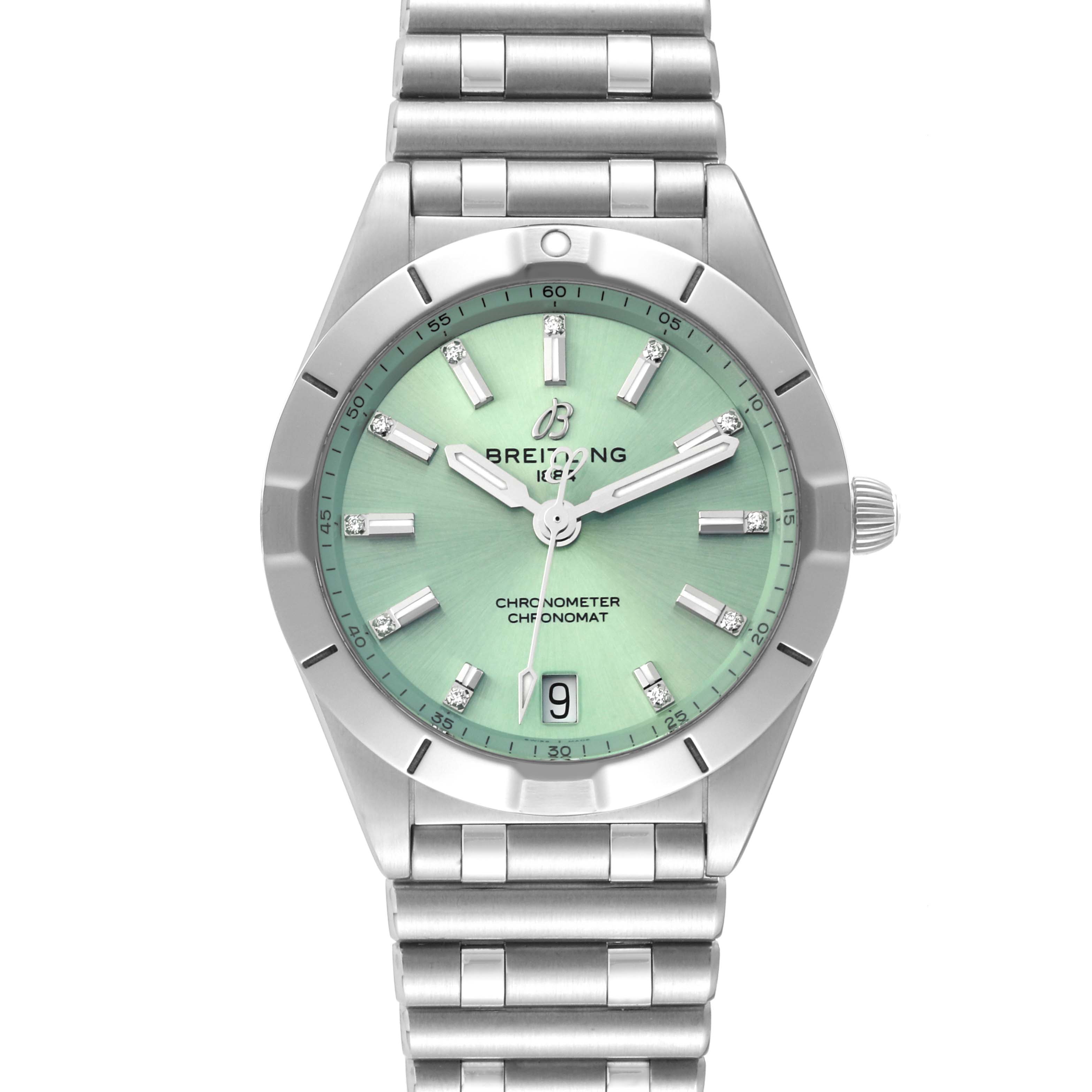 The image shows a front view of the Breitling A77310101L1A1 Women's Stainless Steel Green Dial A77310101L1A1 Women's Stainless Steel Green Dial Chronomat 32 Mint Green Diamond Dial Steel Ladies Watch A77310 in an unworn model.