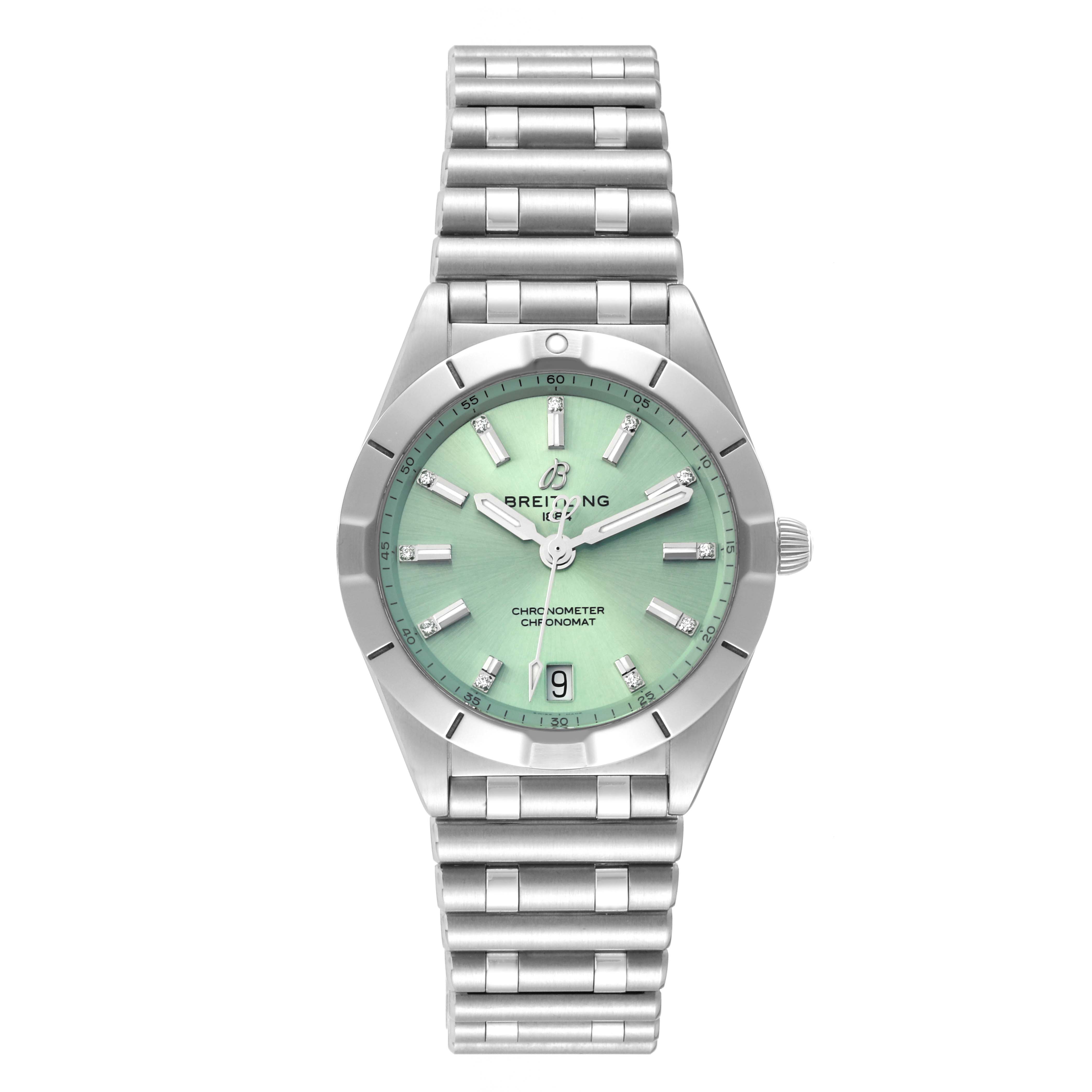 The image shows a front view of the Breitling A77310101L1A1 Women's Stainless Steel Green Dial A77310101L1A1 Women's Stainless Steel Green Dial Chronomat 32 Mint Green Diamond Dial Steel Ladies Watch A77310 Unworn model.