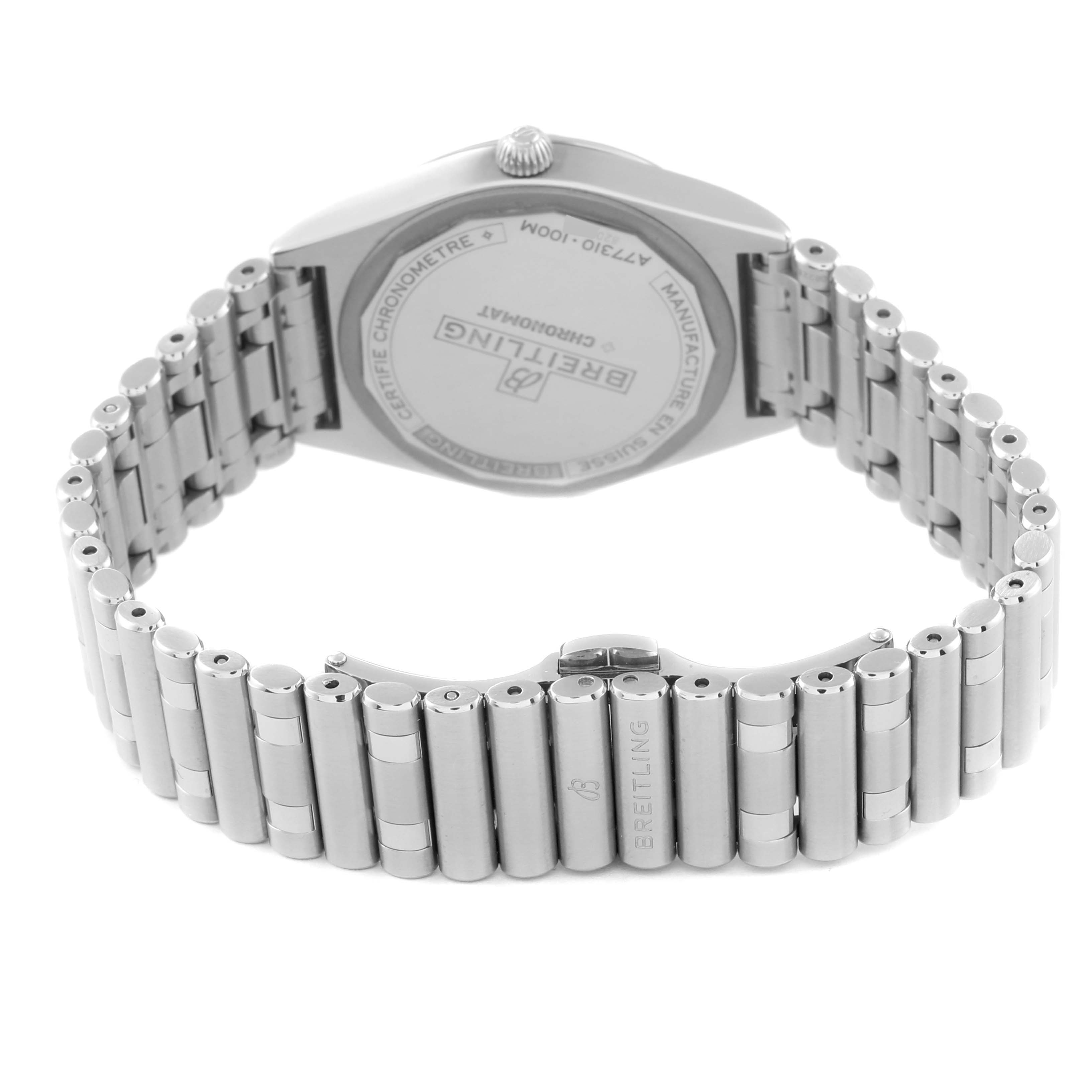 The image shows the back case and bracelet of the Breitling A77310101L1A1 Women's Stainless Steel Green Dial A77310101L1A1 Women's Stainless Steel Green Dial Chronomat 32 Mint Green Diamond Dial Steel Ladies Watch A77310 from a rear angle.
