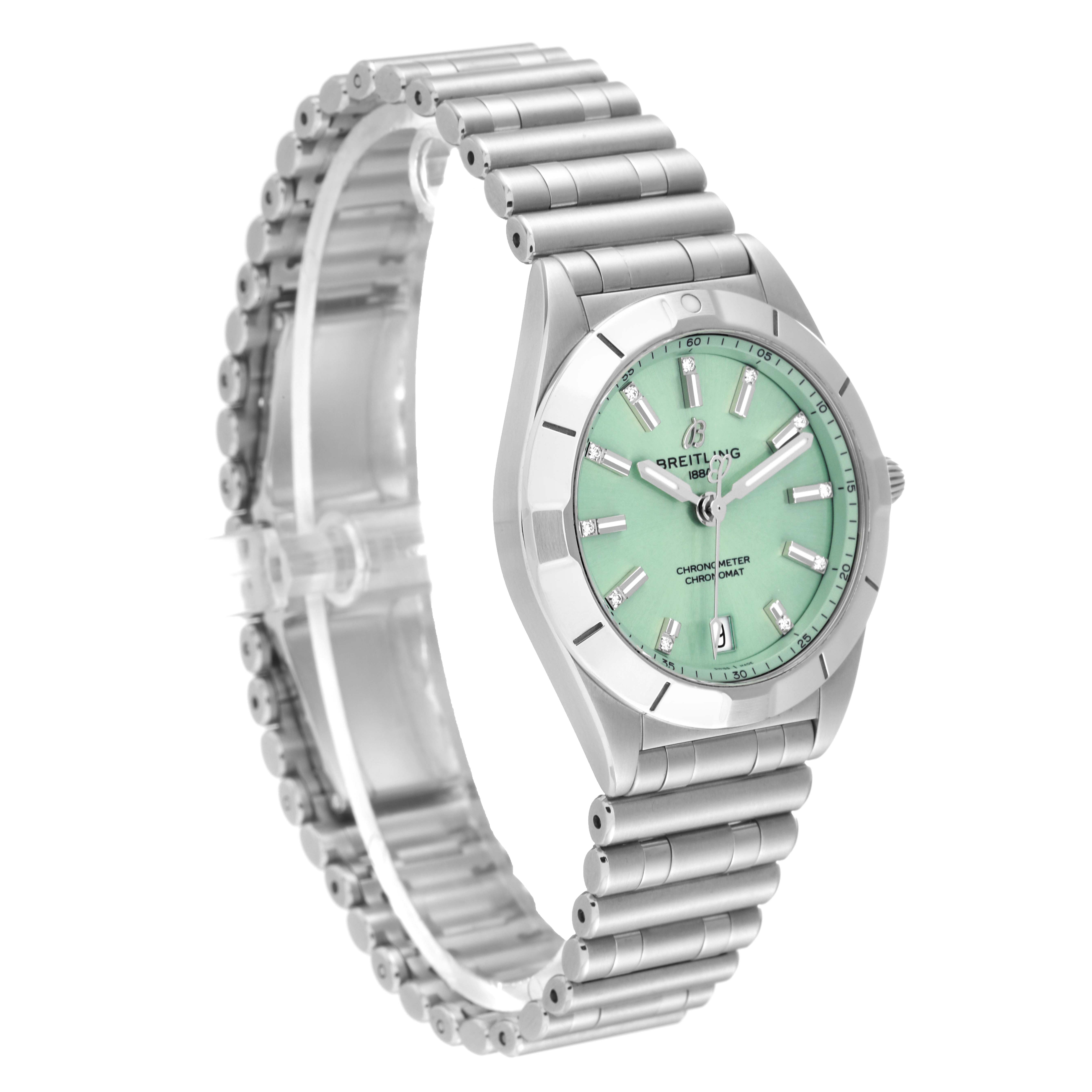 The Breitling A77310101L1A1 Women's Stainless Steel Green Dial A77310101L1A1 Women's Stainless Steel Green Dial Chronomat 32 Mint Green Diamond Dial Steel Ladies Watch A77310 is shown at an angled view displaying its dial and steel bracelet.