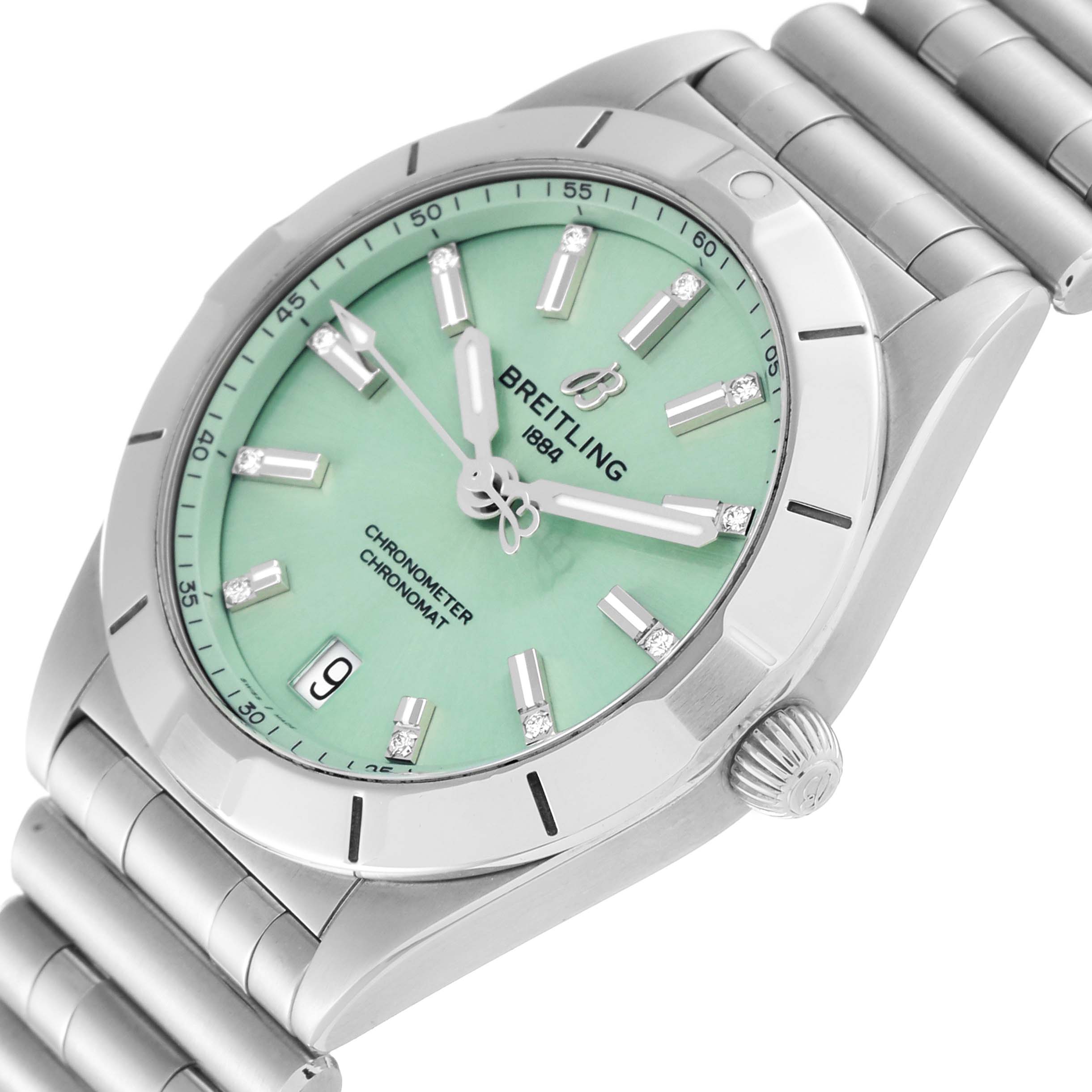 This image shows the face, bezel, and bracelet of the Breitling A77310101L1A1 Women's Stainless Steel Green Dial A77310101L1A1 Women's Stainless Steel Green Dial Chronomat 32 Mint Green Diamond Dial Steel Ladies Watch A77310 from an angled top view.
