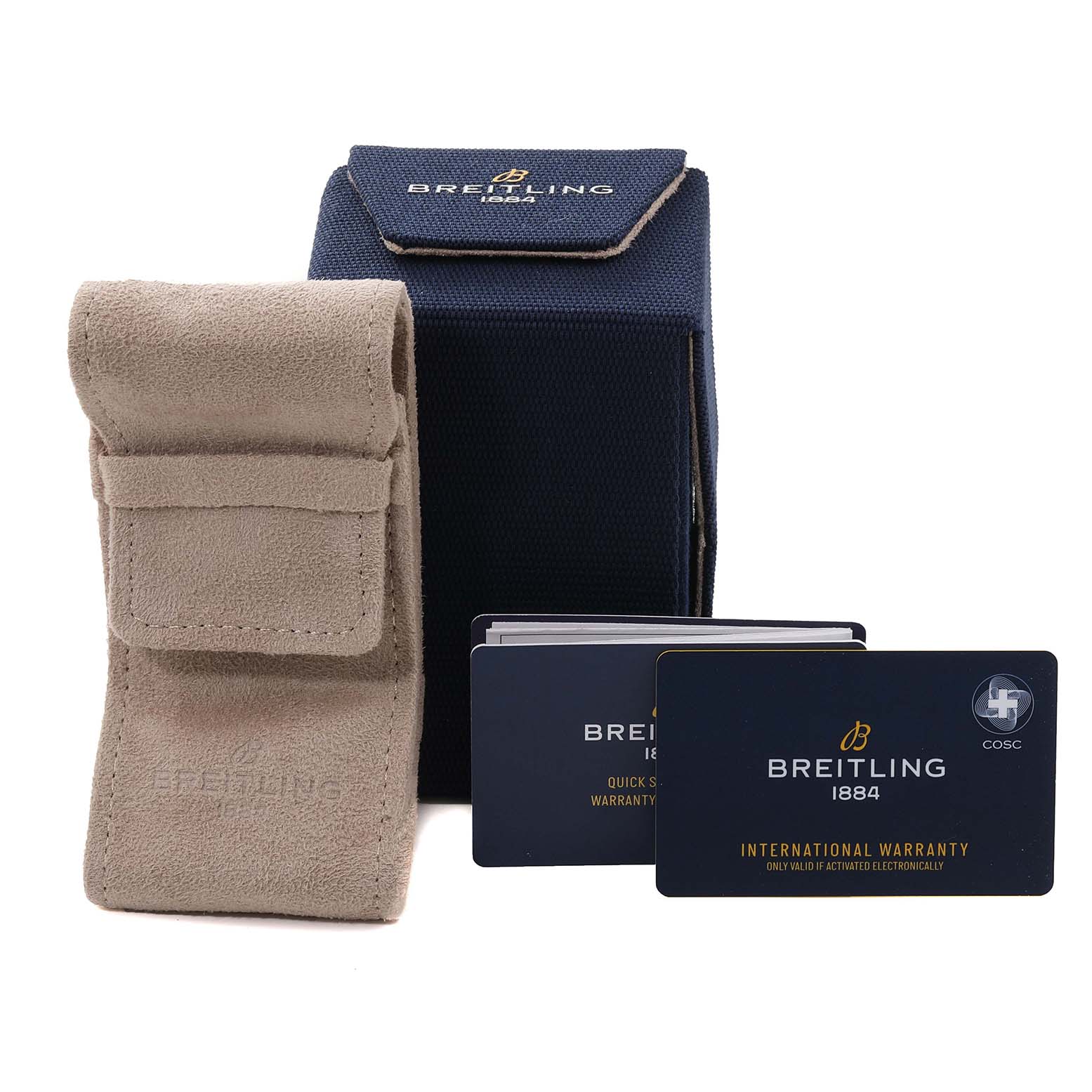 The image shows the packaging, a beige suede pouch, and warranty cards for the Breitling A77310101L1A1 Women's Stainless Steel Green Dial A77310101L1A1 Women's Stainless Steel Green Dial Chronomat 32 Mint Green Diamond Dial Steel Ladies Watch A77310.