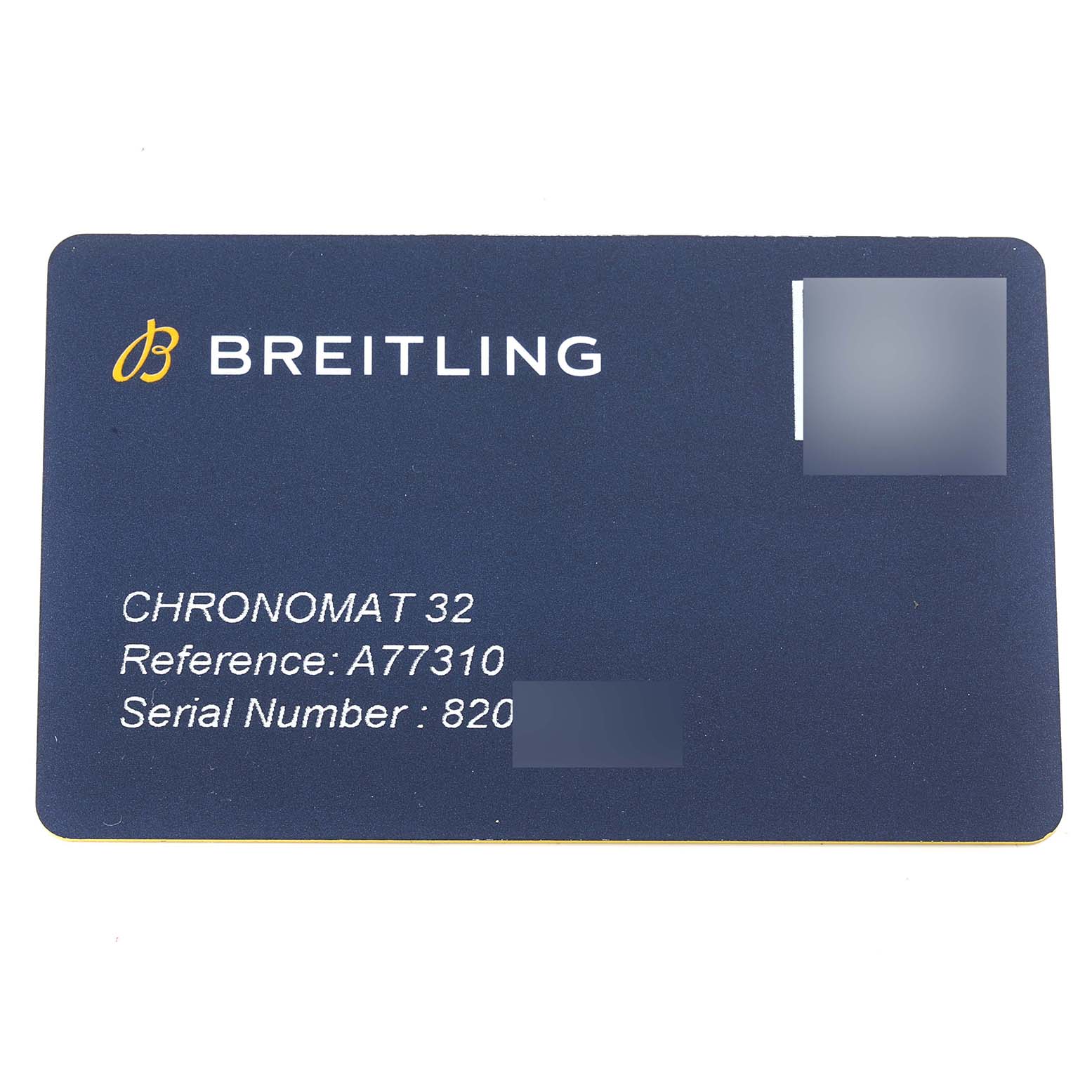 The image shows a Breitling A77310101L1A1 Women's Stainless Steel Green Dial A77310101L1A1 Women's Stainless Steel Green Dial warranty card for the Chronomat 32 model, reference A77310, with obscured serial number.