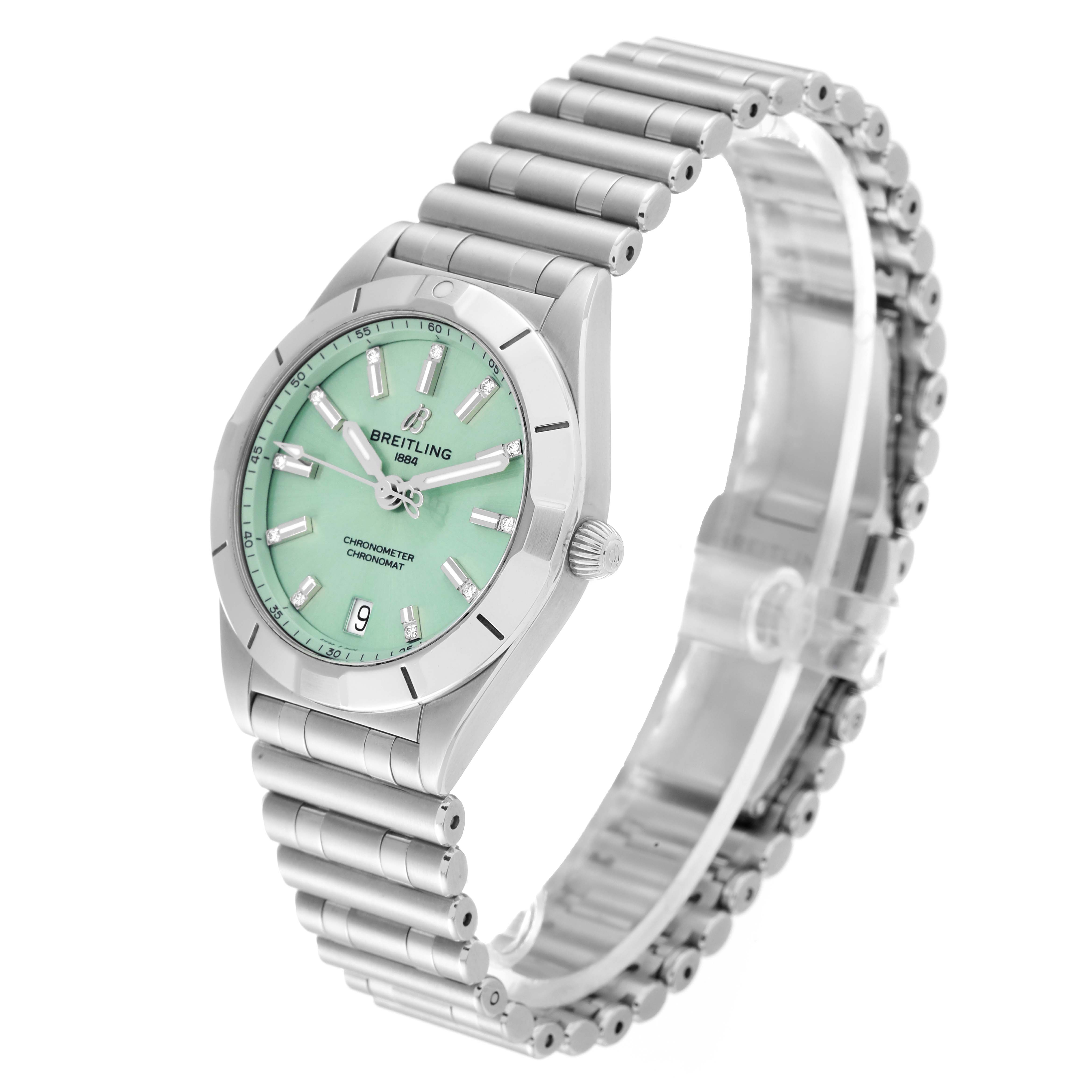 This image shows a side angle view of the Breitling A77310101L1A1 Women's Stainless Steel Green Dial A77310101L1A1 Women's Stainless Steel Green Dial Chronomat 32 Mint Green Diamond Dial Steel Ladies Watch A77310.