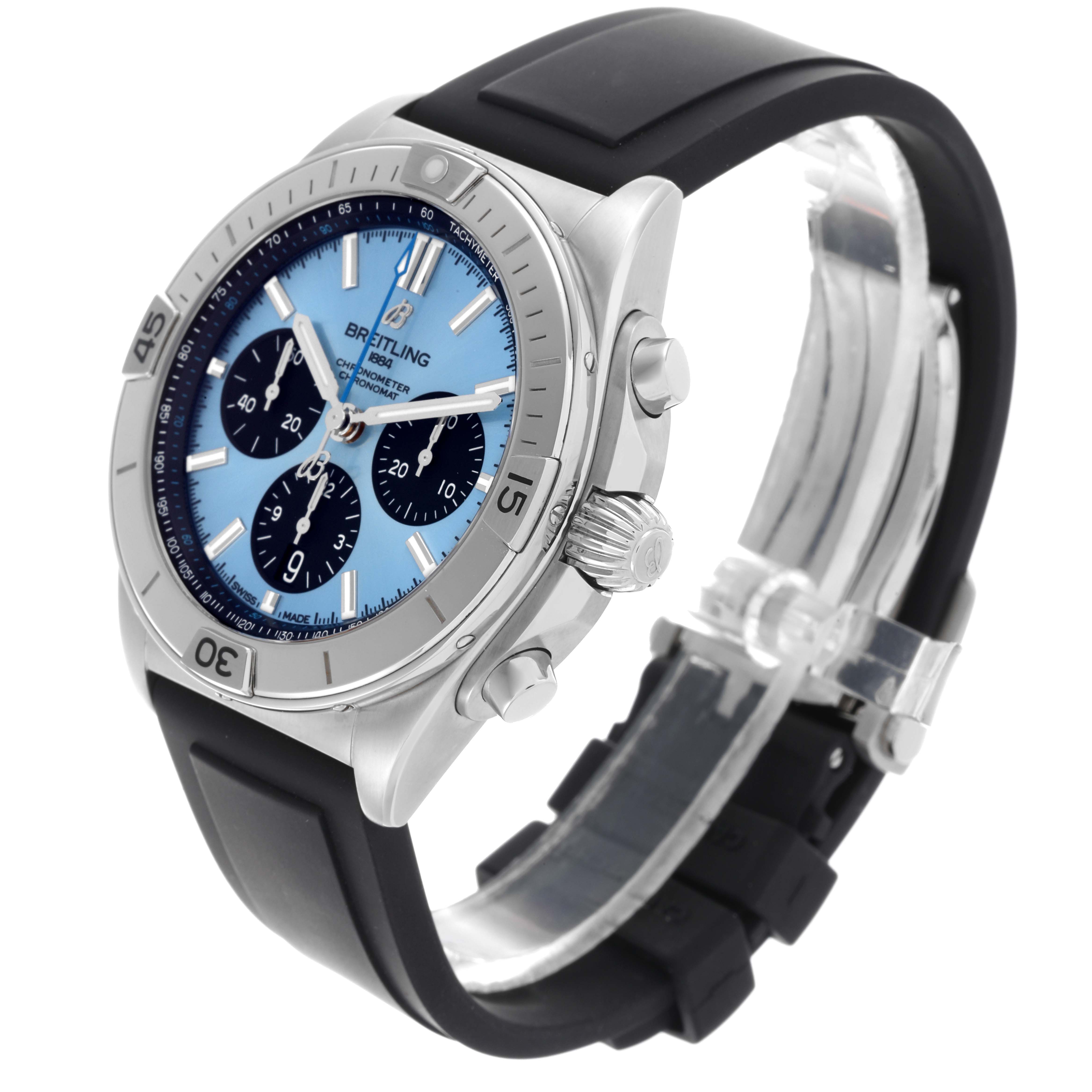 The Breitling Chronomat PB0134 Men's Stainless Steel Blue Dial PB0134 Men's Stainless Steel Blue Dial watch is shown at a three-quarter angle, highlighting the dial, bezel, crown, and rubber strap.