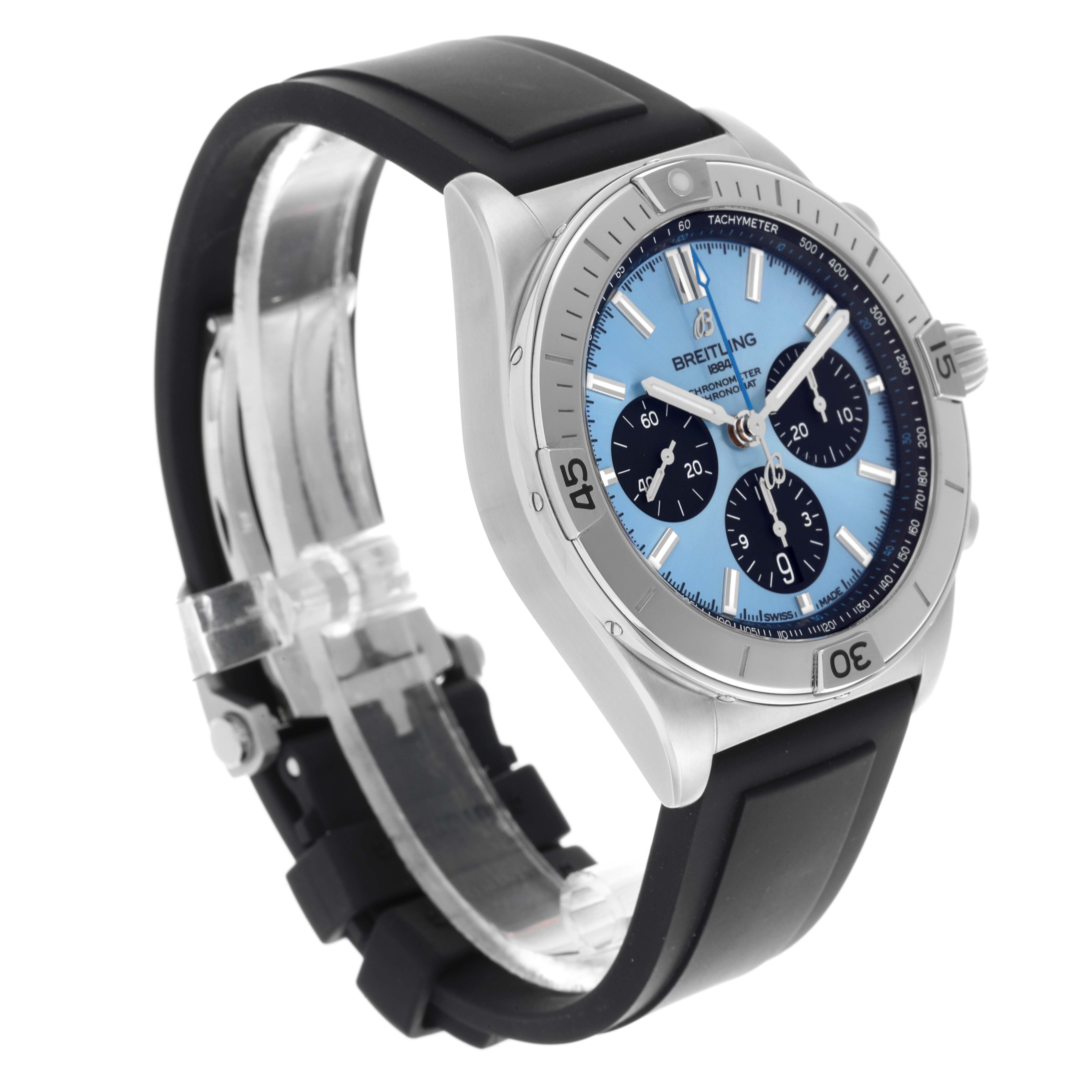 The Breitling Chronomat PB0134 Men's Stainless Steel Blue Dial PB0134 Men's Stainless Steel Blue Dial watch is shown at a three-quarter angle with a visible bezel, dial, pushers, and rubber strap.