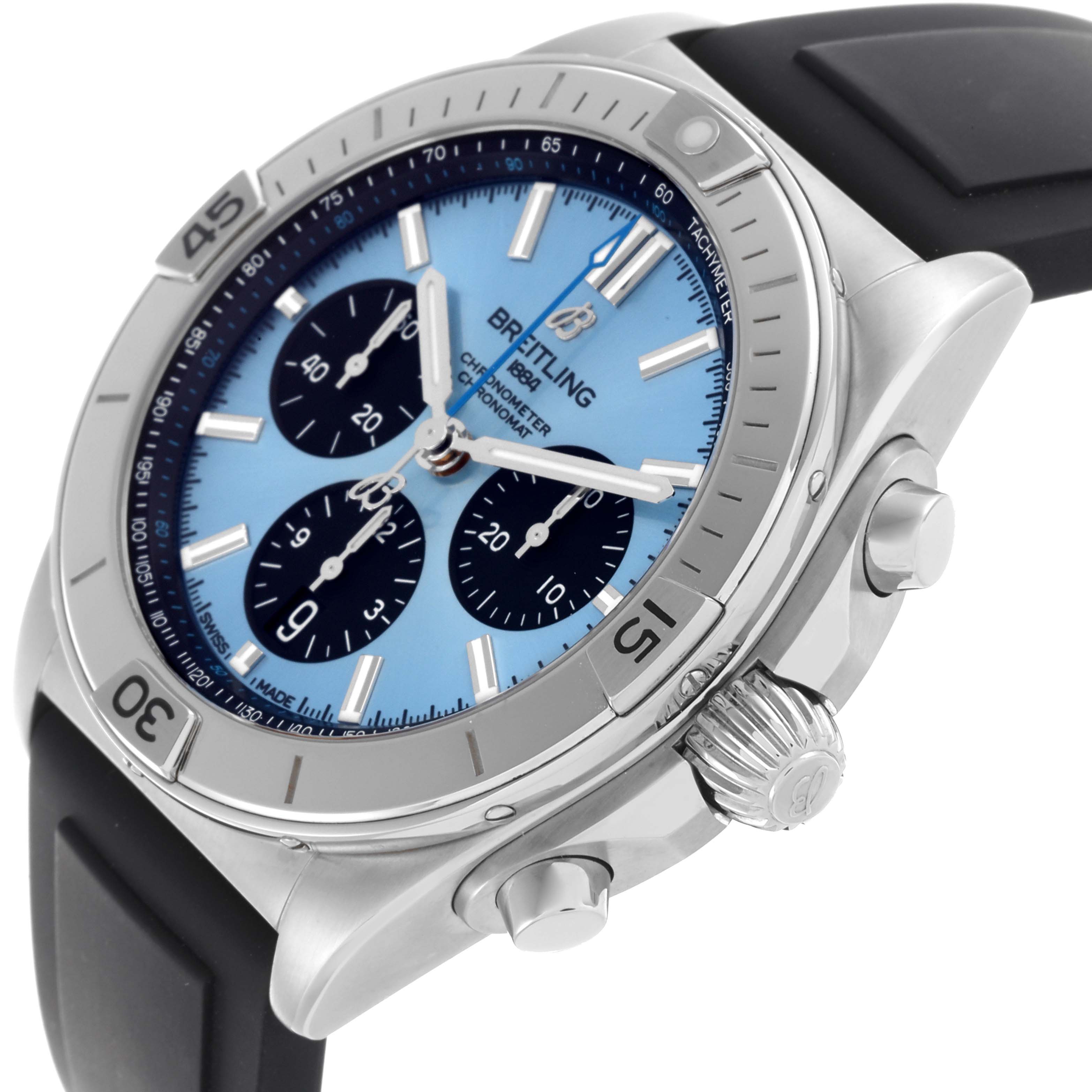 The Breitling Chronomat PB0134 Men's Stainless Steel Blue Dial PB0134 Men's Stainless Steel Blue Dial watch is shown at a side angle, displaying its dial, bezel, crown, and chronograph buttons.