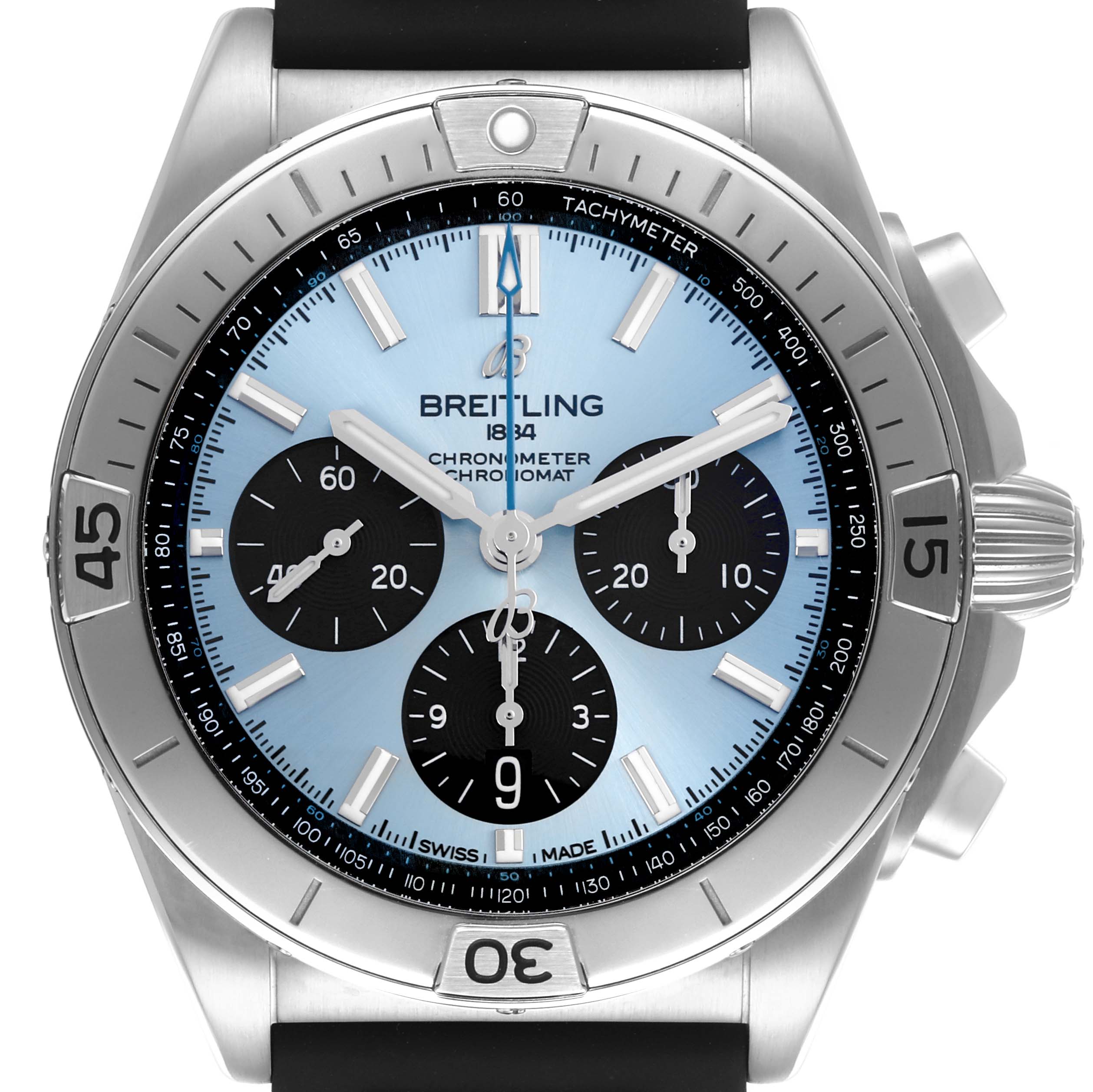 The Breitling Chronomat PB0134 Men's Stainless Steel Blue Dial PB0134 Men's Stainless Steel Blue Dial watch is shown from a front angle, displaying the face, bezel, and side pushers.