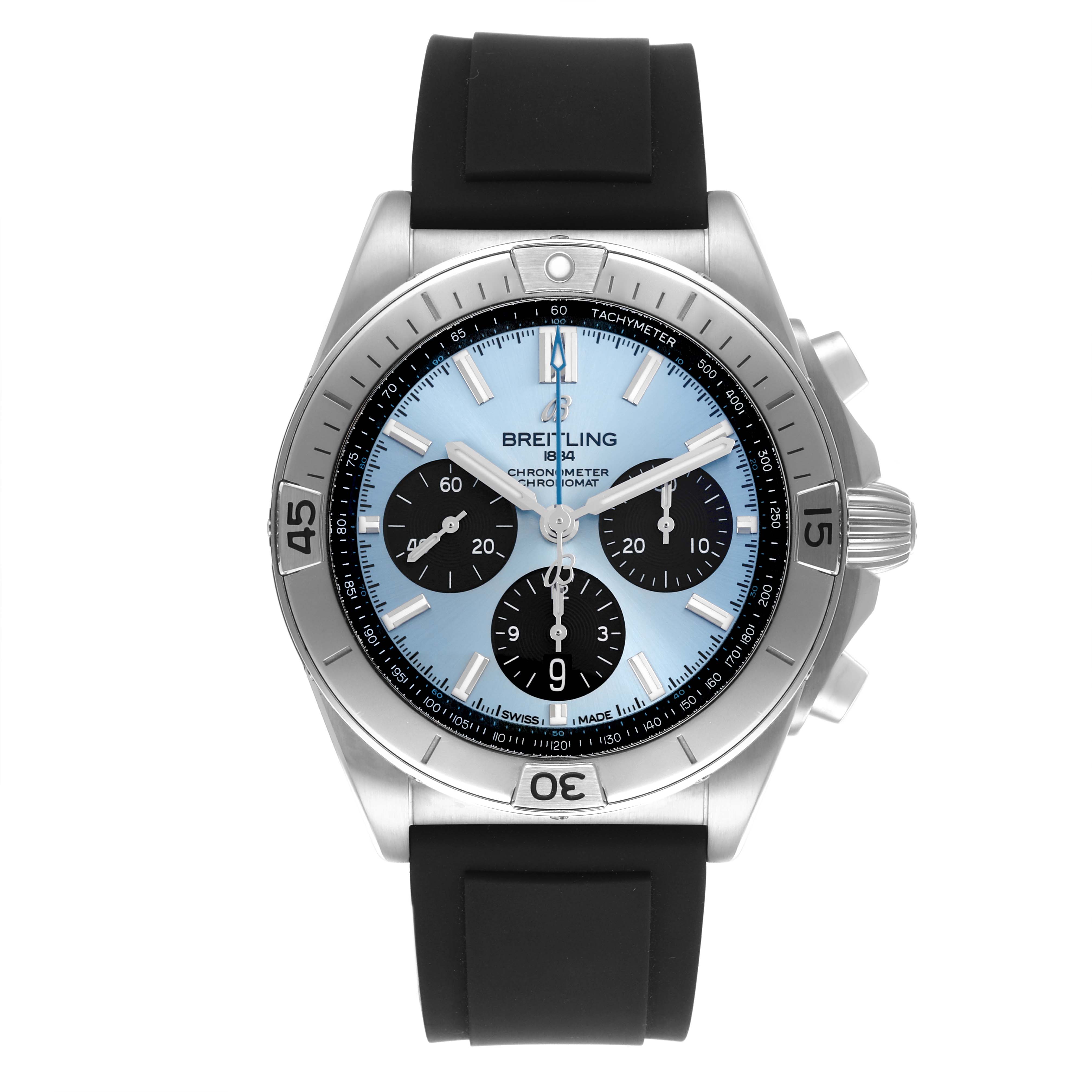 The Breitling Chronomat PB0134 Men's Stainless Steel Blue Dial PB0134 Men's Stainless Steel Blue Dial watch is shown from the front, displaying its face, bezel, and rubber strap.