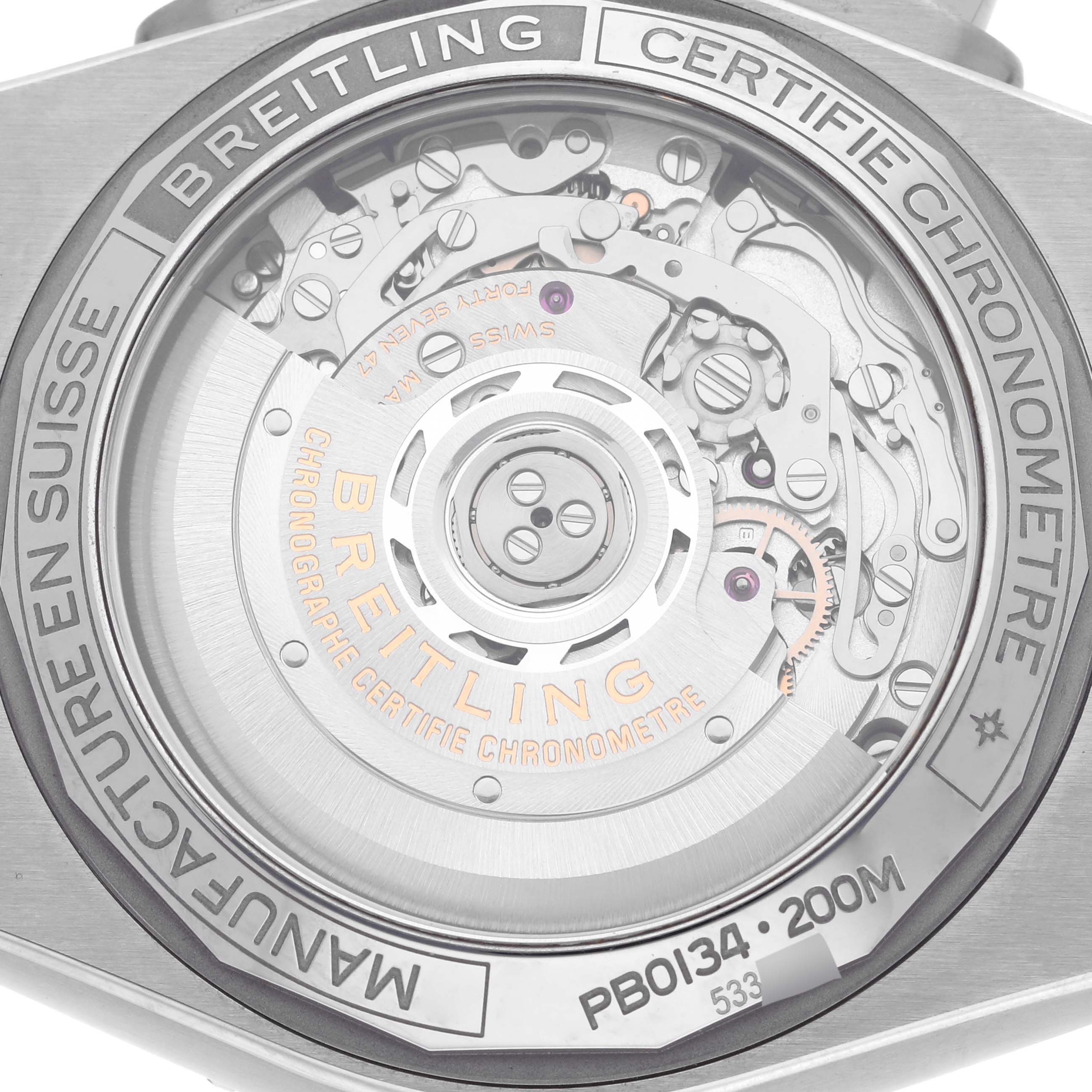 The image shows the back view of a Breitling Chronomat PB0134 Men's Stainless Steel Blue Dial PB0134 Men's Stainless Steel Blue Dial watch, highlighting its internal mechanical components.