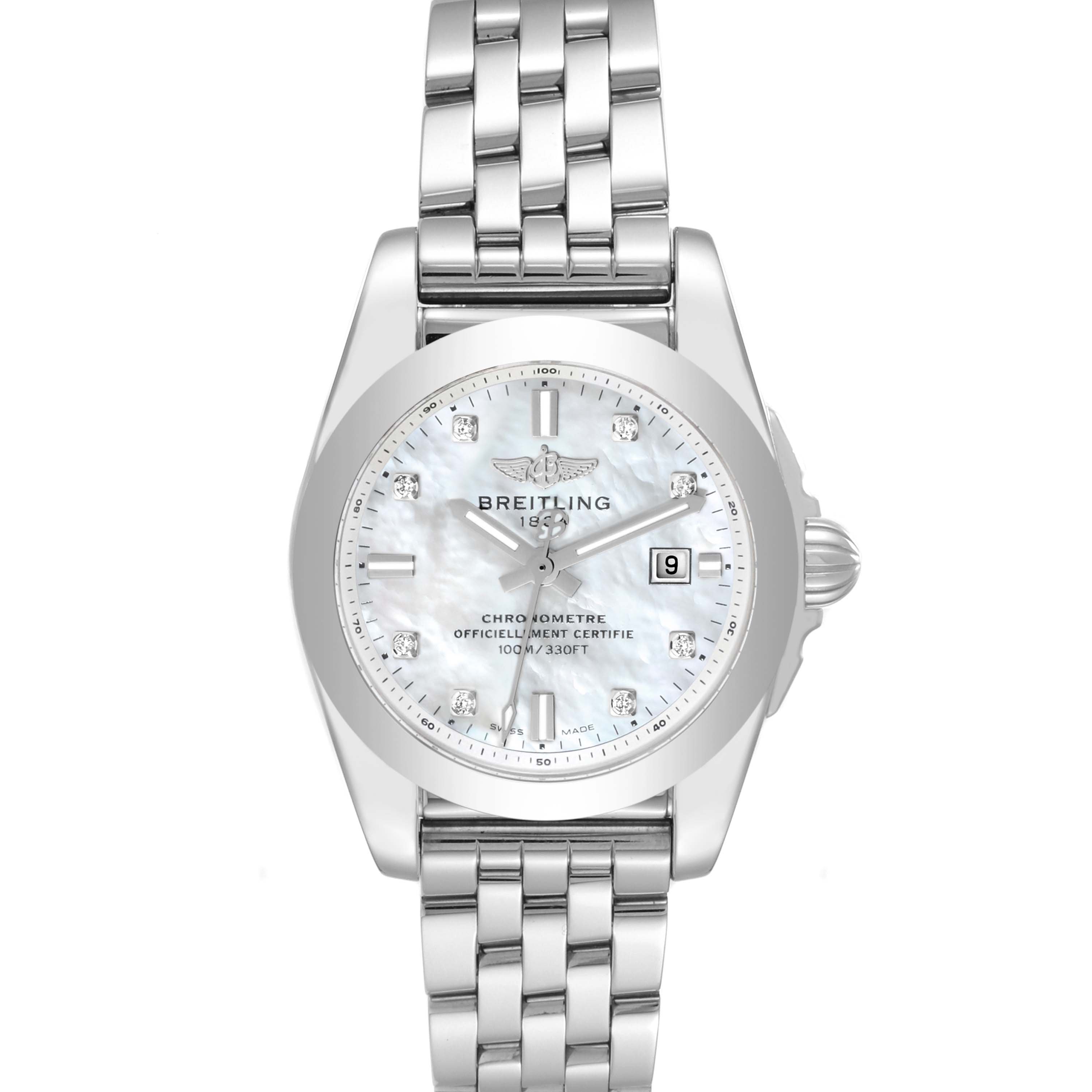 The image shows a front view of the Breitling W72348 Women's Stainless Steel Mother of Pearl Dial W72348 Women's Stainless Steel Mother of Pearl Dial Galactic 29mm Mother Of Pearl Diamond Dial Steel Ladies Watch W72348 Unworn model.