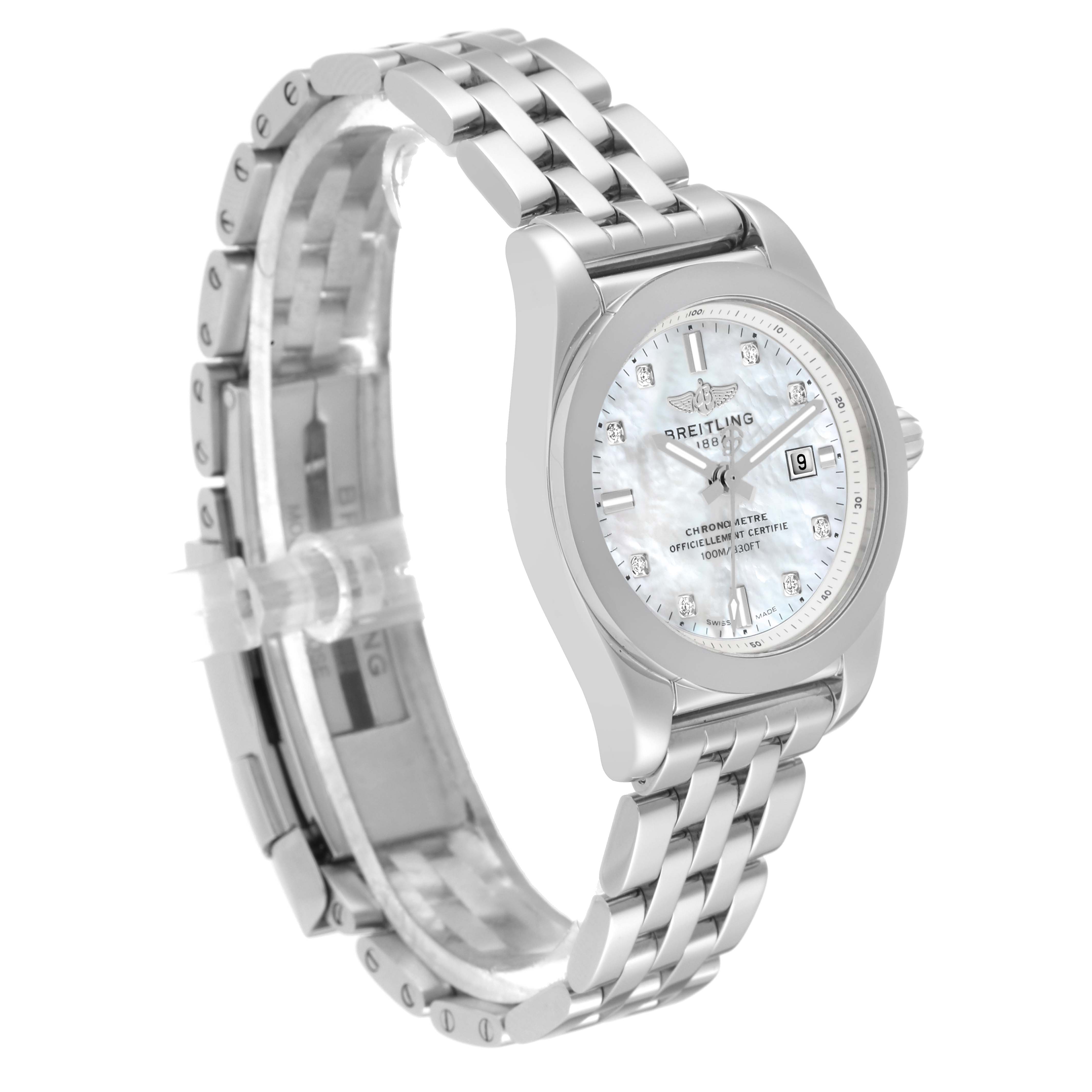 The image shows a front-left angled view of the Breitling W72348 Women's Stainless Steel Mother of Pearl Dial W72348 Women's Stainless Steel Mother of Pearl Dial Galactic 29mm Mother Of Pearl Diamond Dial Steel Ladies Watch W72348 Unworn model.