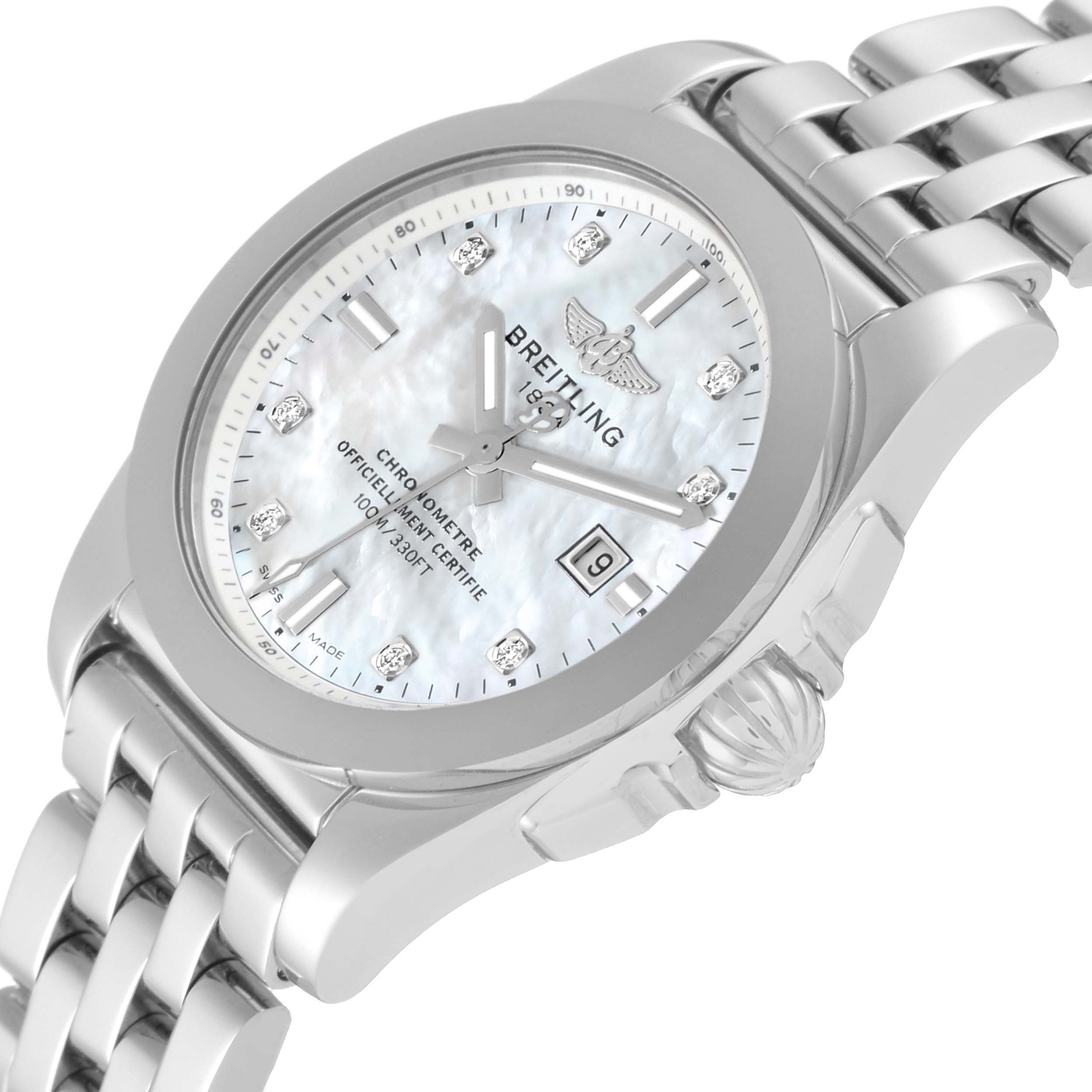 The image shows a close-up of a Breitling W72348 Women's Stainless Steel Mother of Pearl Dial W72348 Women's Stainless Steel Mother of Pearl Dial Galactic 29mm Mother Of Pearl Diamond Dial Steel Ladies Watch W72348 from an angled front view.
