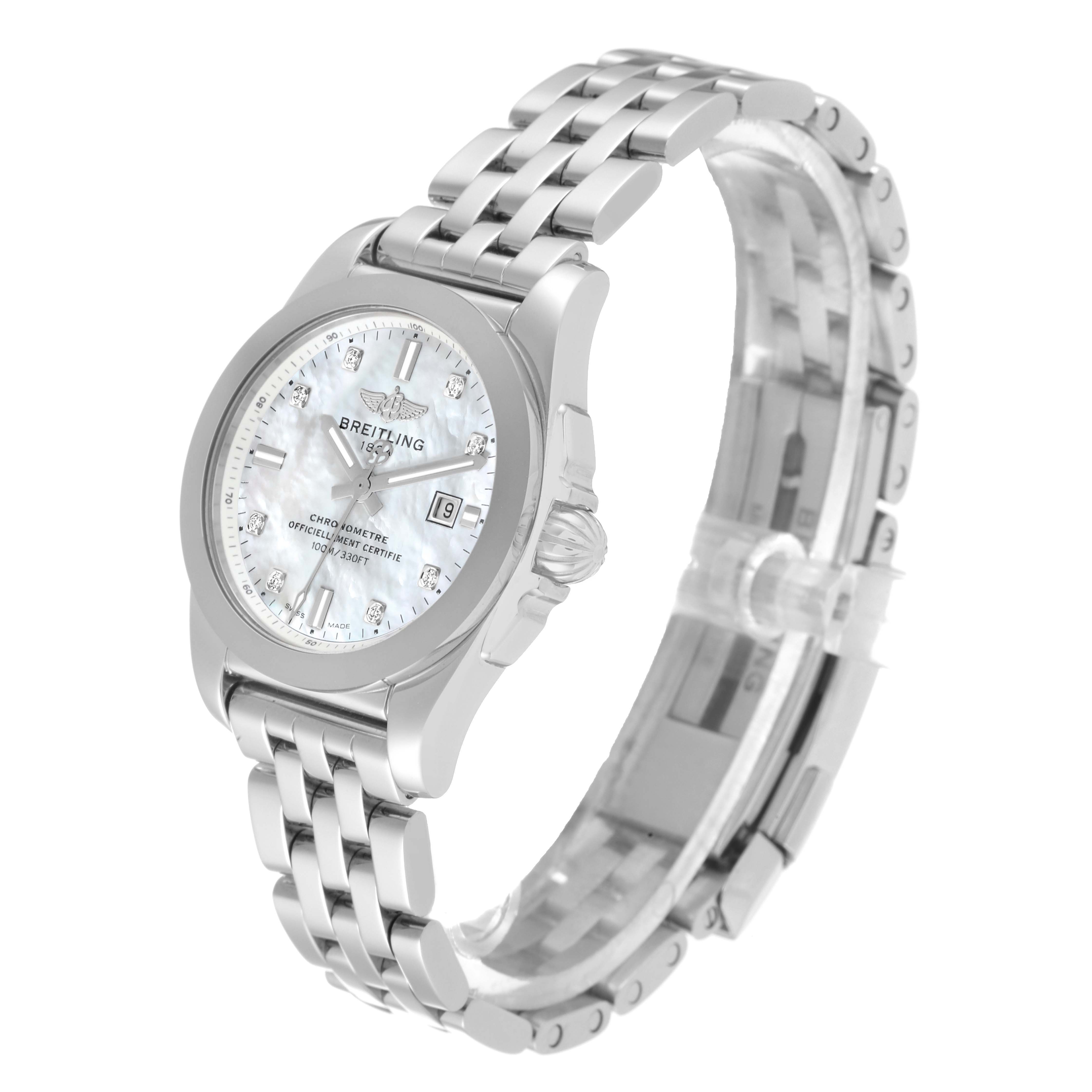 The Breitling W72348 Women's Stainless Steel Mother of Pearl Dial W72348 Women's Stainless Steel Mother of Pearl Dial Galactic 29mm Mother Of Pearl Diamond Dial Steel Ladies Watch model W72348 is shown at an angled view displaying the face and bracelet.