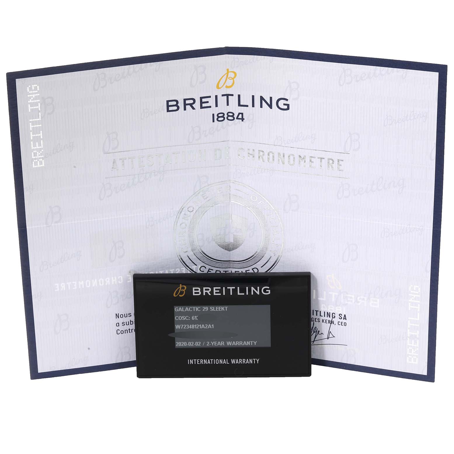 The image shows the warranty card and documentation for the Breitling W72348 Women's Stainless Steel Mother of Pearl Dial W72348 Women's Stainless Steel Mother of Pearl Dial Galactic 29mm Mother Of Pearl Diamond Dial Steel Ladies Watch W72348.