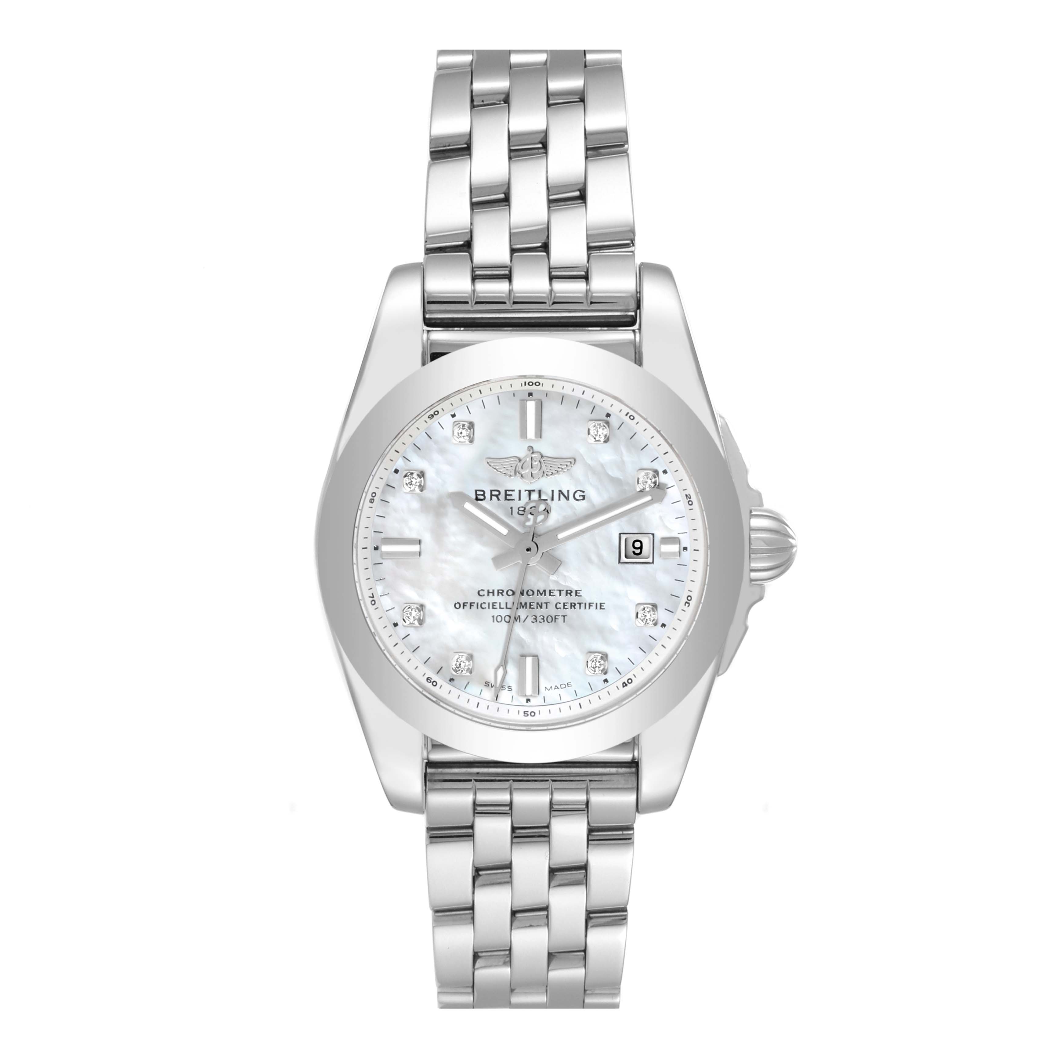 The Breitling W72348 Women's Stainless Steel Mother of Pearl Dial W72348 Women's Stainless Steel Mother of Pearl Dial Galactic 29mm Mother Of Pearl Diamond Dial Steel Ladies Watch W72348 is shown from a top-down angle, displaying the dial, bezel, and bracelet.