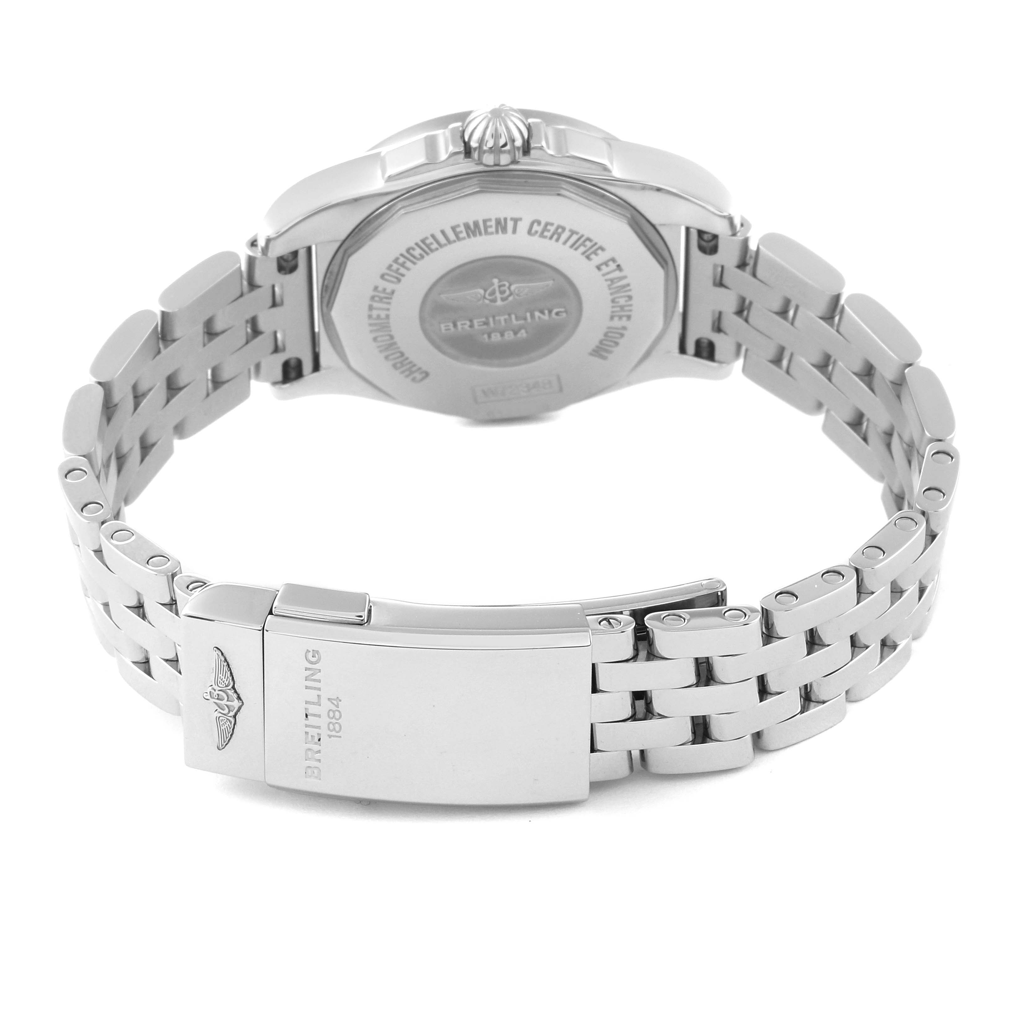 This image shows the back and clasp of the Breitling W72348 Women's Stainless Steel Mother of Pearl Dial W72348 Women's Stainless Steel Mother of Pearl Dial Galactic 29mm Mother Of Pearl Diamond Dial Steel Ladies Watch model W72348.