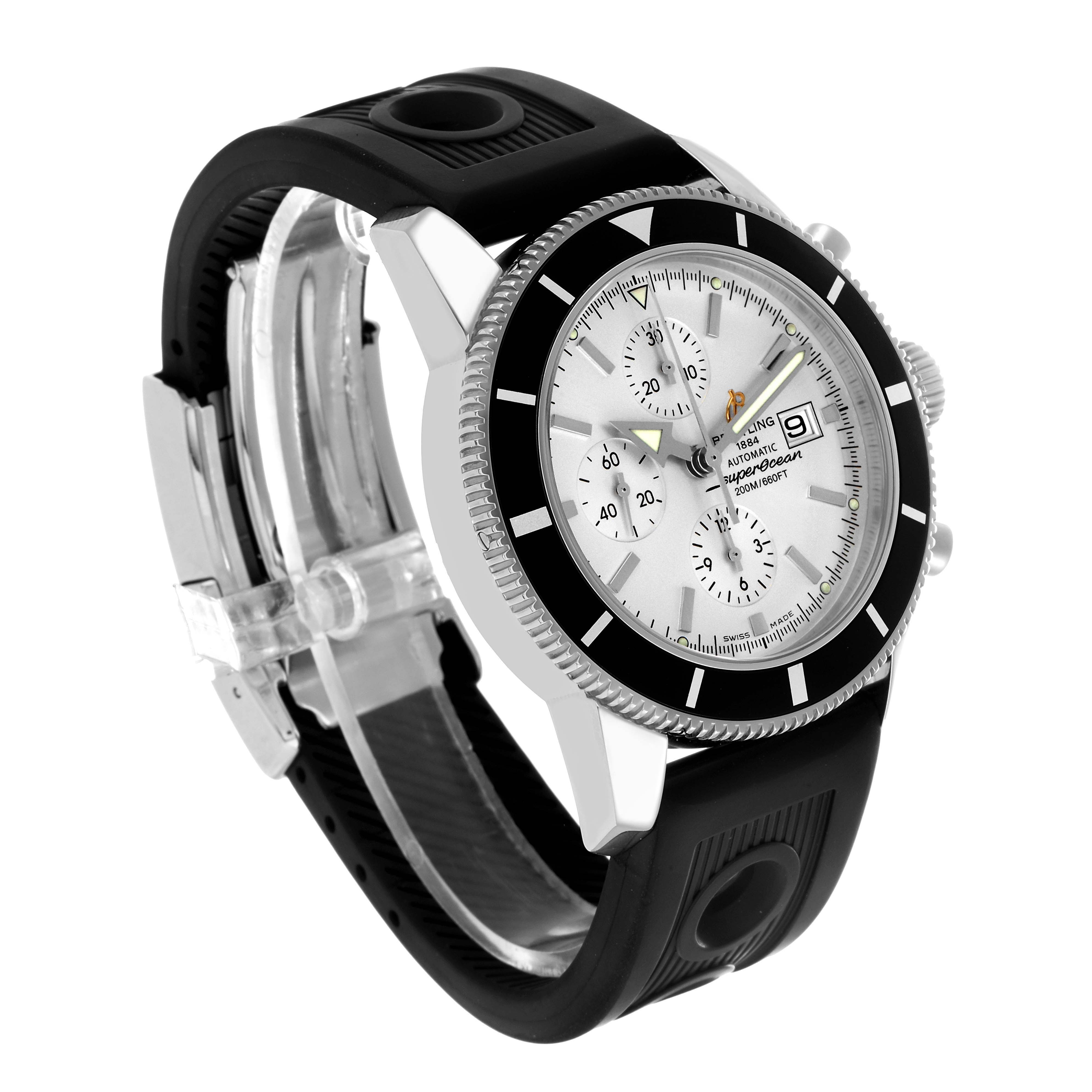 The Breitling Superocean A13320 Men's Stainless Steel Silver Dial watch is shown at a three-quarter angle, displaying its bezel, dial, black strap, and side pushers.