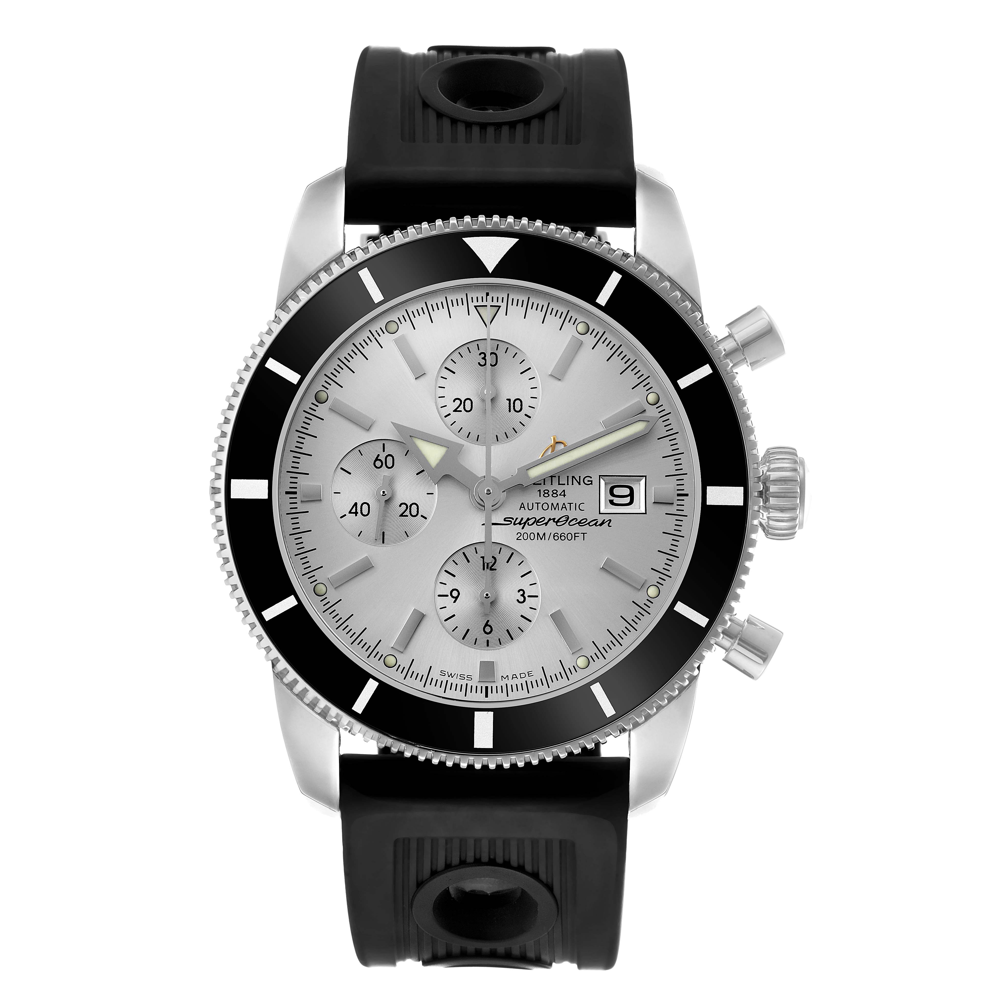 The Breitling Superocean A13320 Men's Stainless Steel Silver Dial watch is shown from a front angle, displaying its dial, bezel, pushers, and rubber strap.