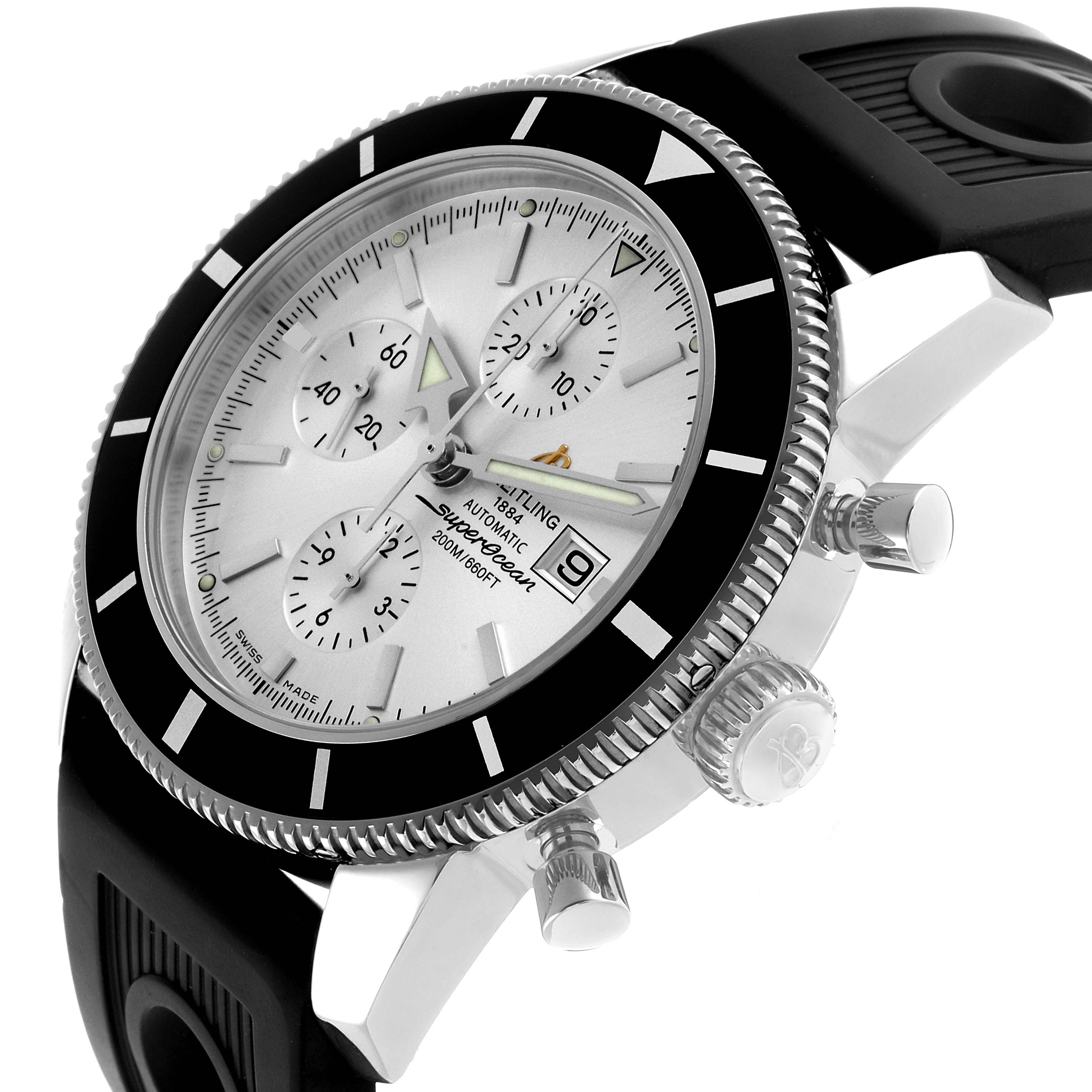 The Breitling Superocean A13320 Men's Stainless Steel Silver Dial watch is shown from a side angle, displaying the bezel, dial, pushers, and part of the strap.